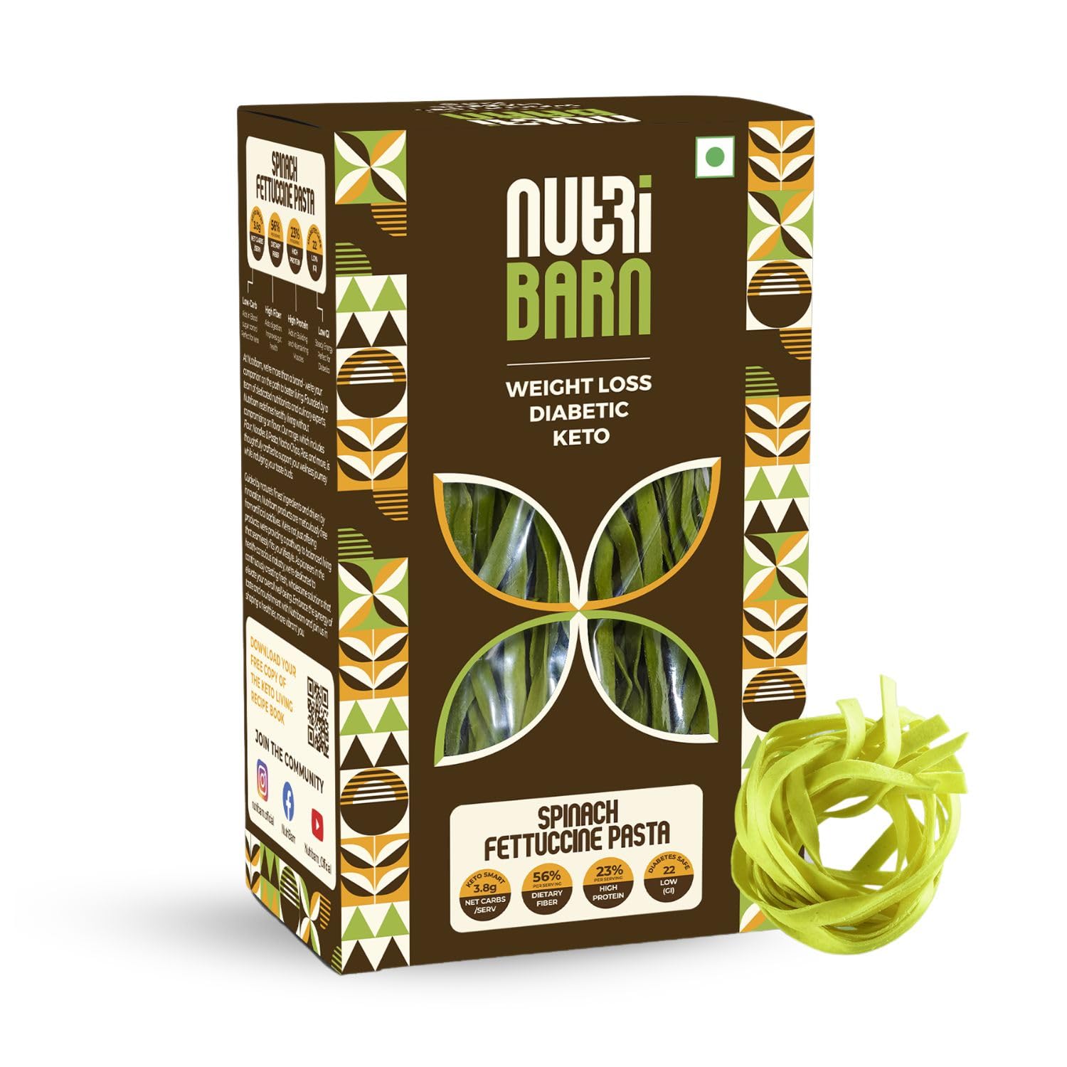 Nutribarn Keto Spinach Fettuccine Pasta (Flat noodles), 200 Gms (Pack of 2), 3.8g Net Carb & 23% High Protein/Serving, Identical to Regular Pasta, Low Carb, Low GI, Keto Diet, Diabetic Friendly