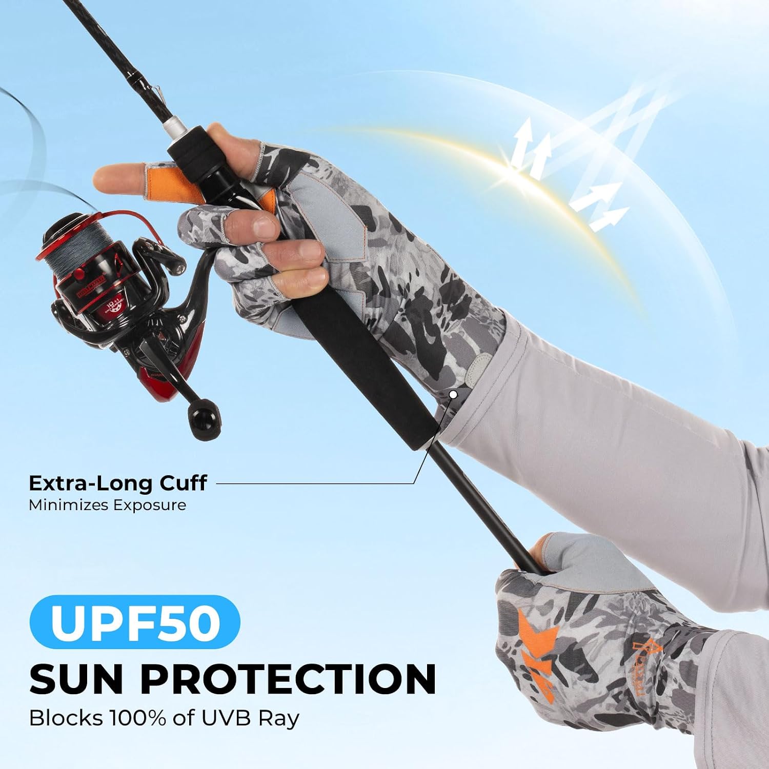 KastKing Agies Fishing Gloves Men, UPF 50+ Sun Gloves UV Protection, Cooling Quick-Dry 3/4 Fingerless Gloves with Extended Cuff, Microfiber Palm & Pull Tabs, for Fishing, Kayaking, Hiking, Hunting