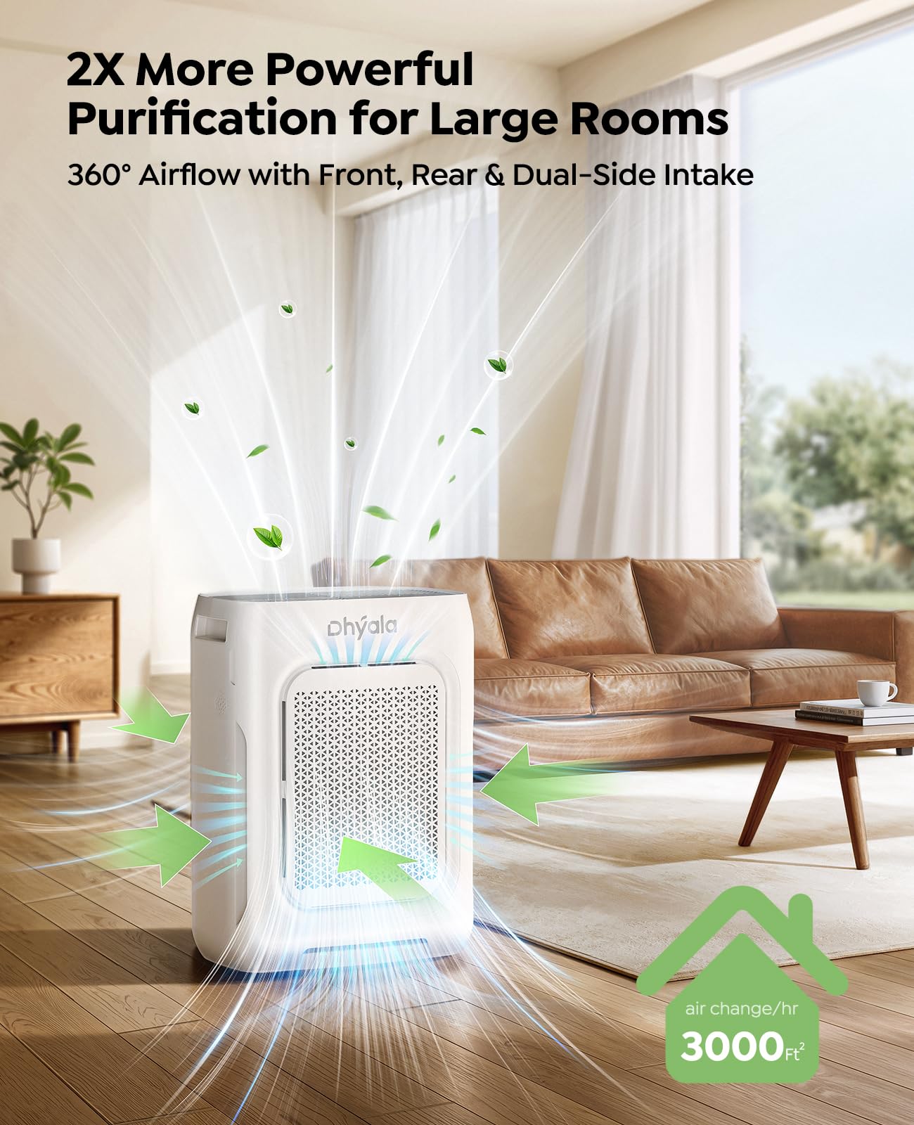 The Dhyala air purifier features a modern design with an intuitive AQI display and dual-sided filter access.
