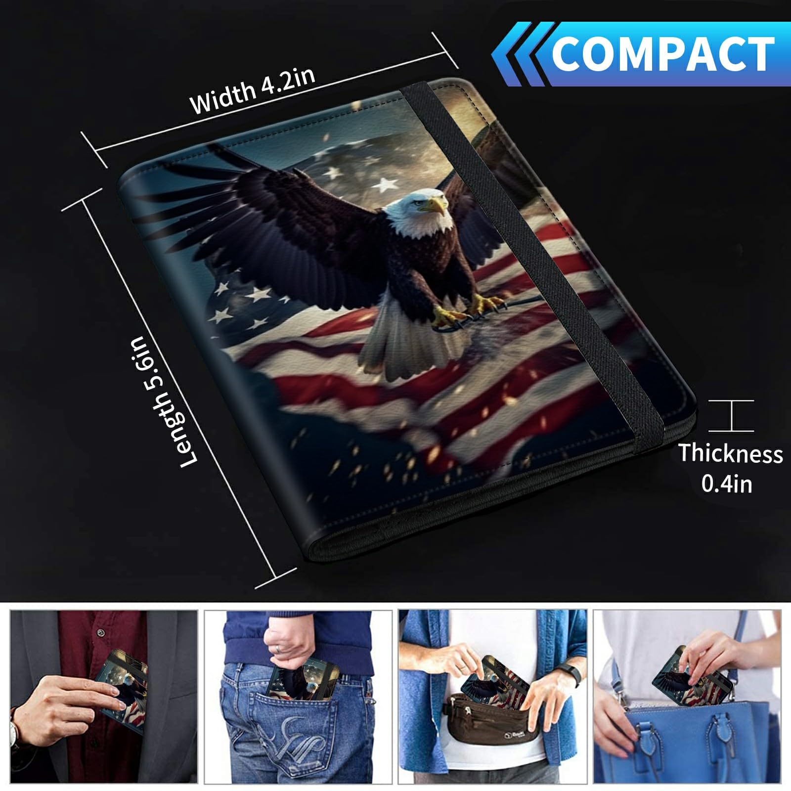 Combo de tarjetero para pasaporte y vacunación, piel sintética, bloqueo RFID, funda para pasaporte para mujer, funda de cuero con banda elástica, con bolígrafo, multicolor/fantasía (American Flag