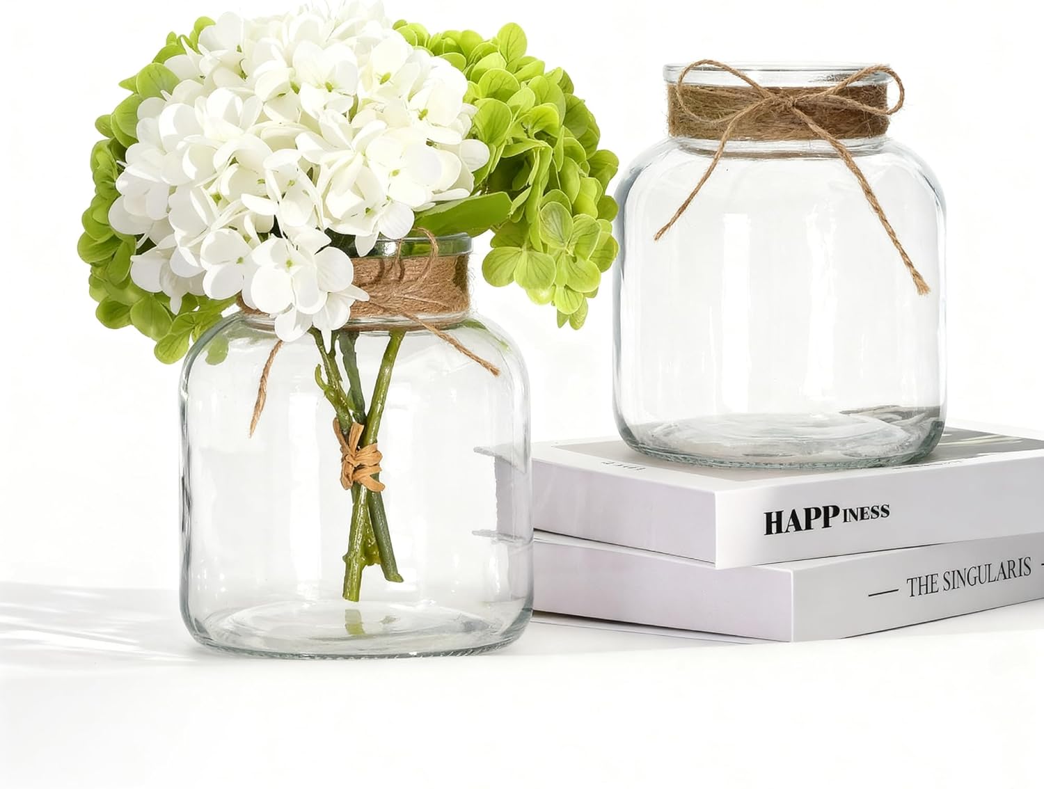 Houmury Glass Vases for Centerpieces Set of 2 Farmhouse Utensils Holder 6 Inch Clear Large Vase with Twine Ties Home Decor for Wedding Living Room Dining Table Office (2)