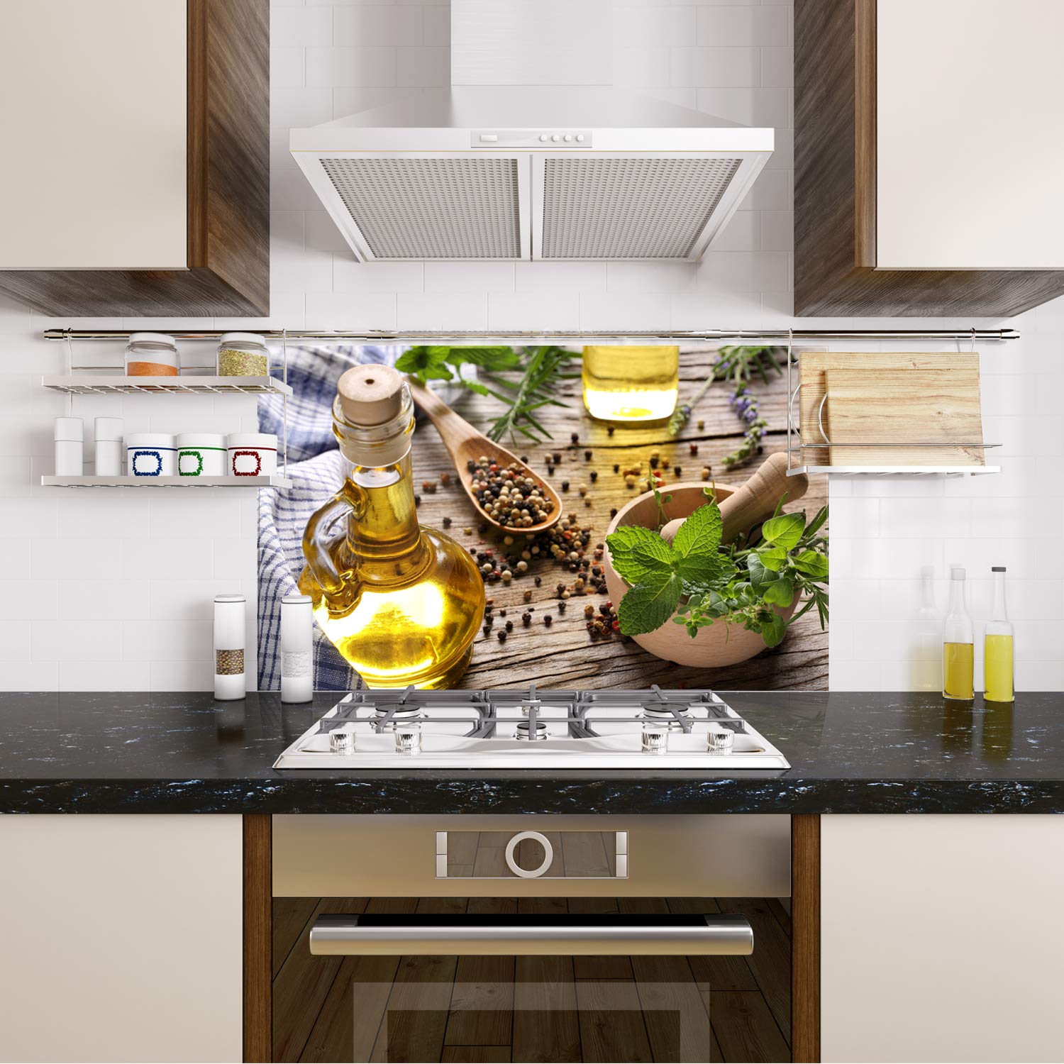 GRAZDesign Spritzschutz Glas für Küche Herd, Bild-Motiv grün Kräuter Gewürze Provinz mediterran, Küchenrückwand Glas Küchenspiegel Glasrückwand / 80x60cm
