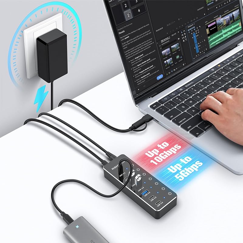RSHTECH 7 portos USB-C 3.2 hub aktív tápegységgel, 10Gbps sebességgel - ST07C-4