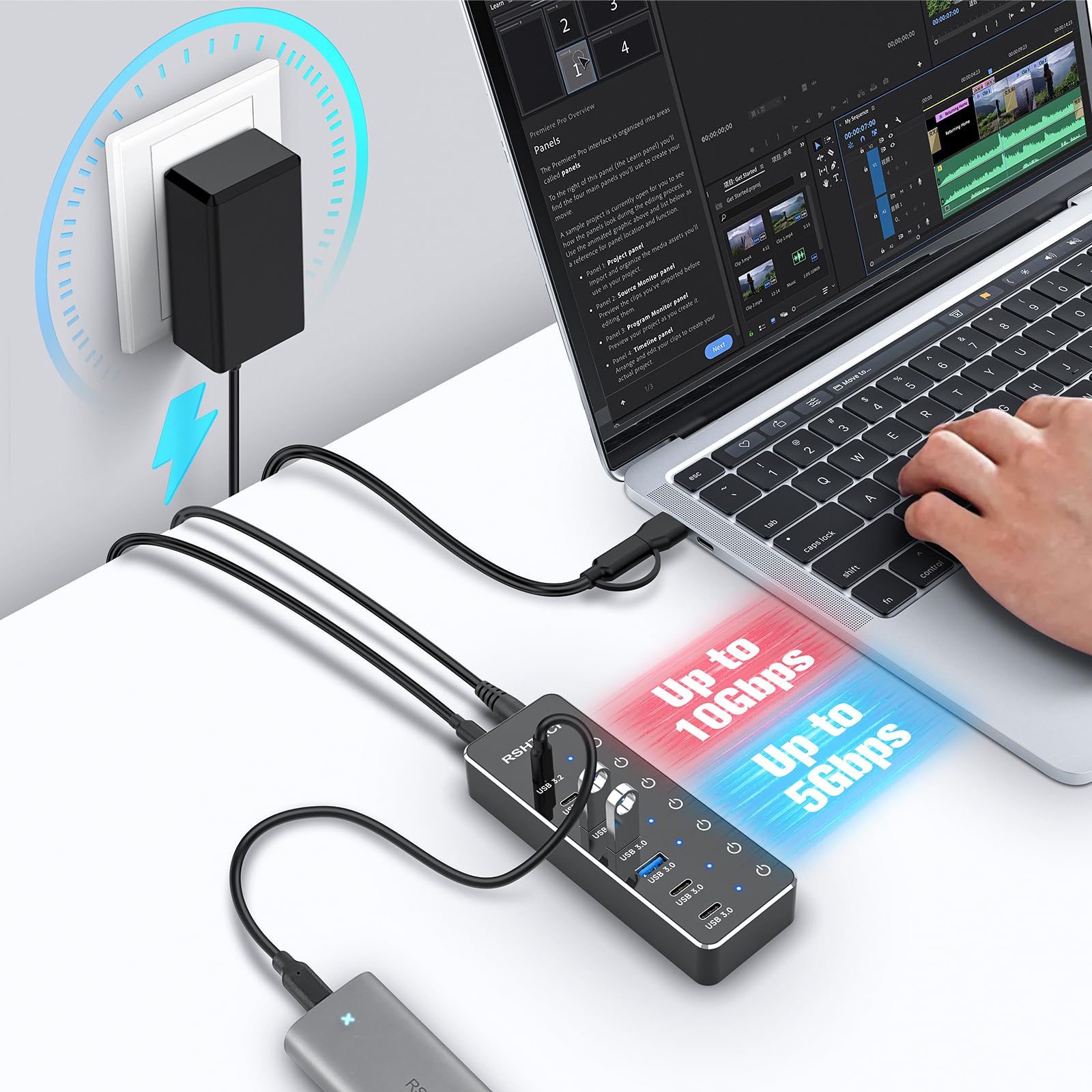 RSHTECH 7 Port Hub USB Alimenté, Alimentation DC 5V USB C Hub, RSH-ST07C-4 | avec 3*10Gbps Data Ports (USB-A, 2*USB-C), 4*5Gbps USB3.0 Ports (2*USB-A, 2*USB-C), Hub 3.2 USB avec CâbleUSB(100CM)