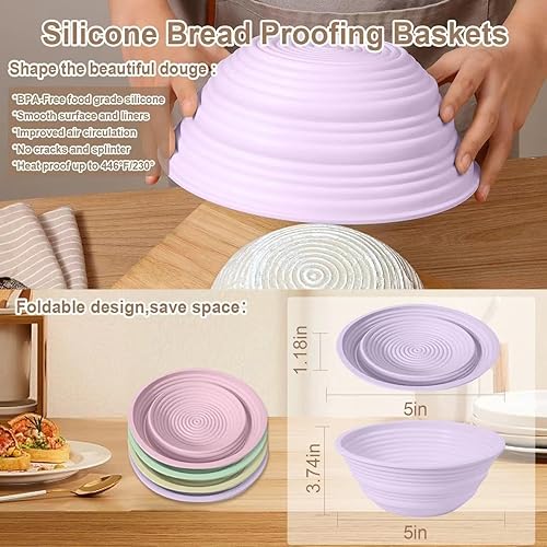 Miniatura 2 de Ycgcp 4 cestas de silicona a prueba de pan, 5 pulgadas, plegables de masa madre para hornear pan, recipientes antiadherentes redondos a prueba de