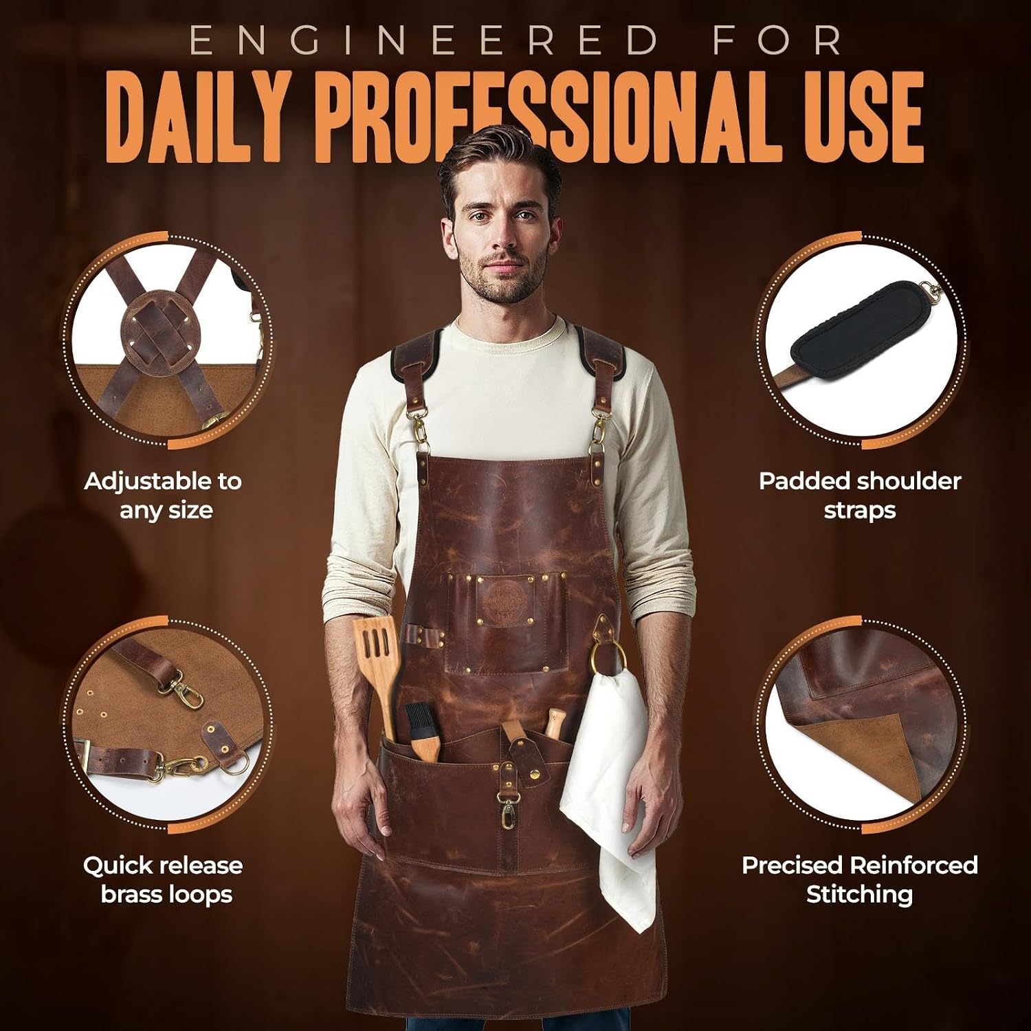 Work Apron for Men, Heavy Duty Cowhide Leather with 9 Tool Pockets, Adjustable for Carpenter and Woodworker