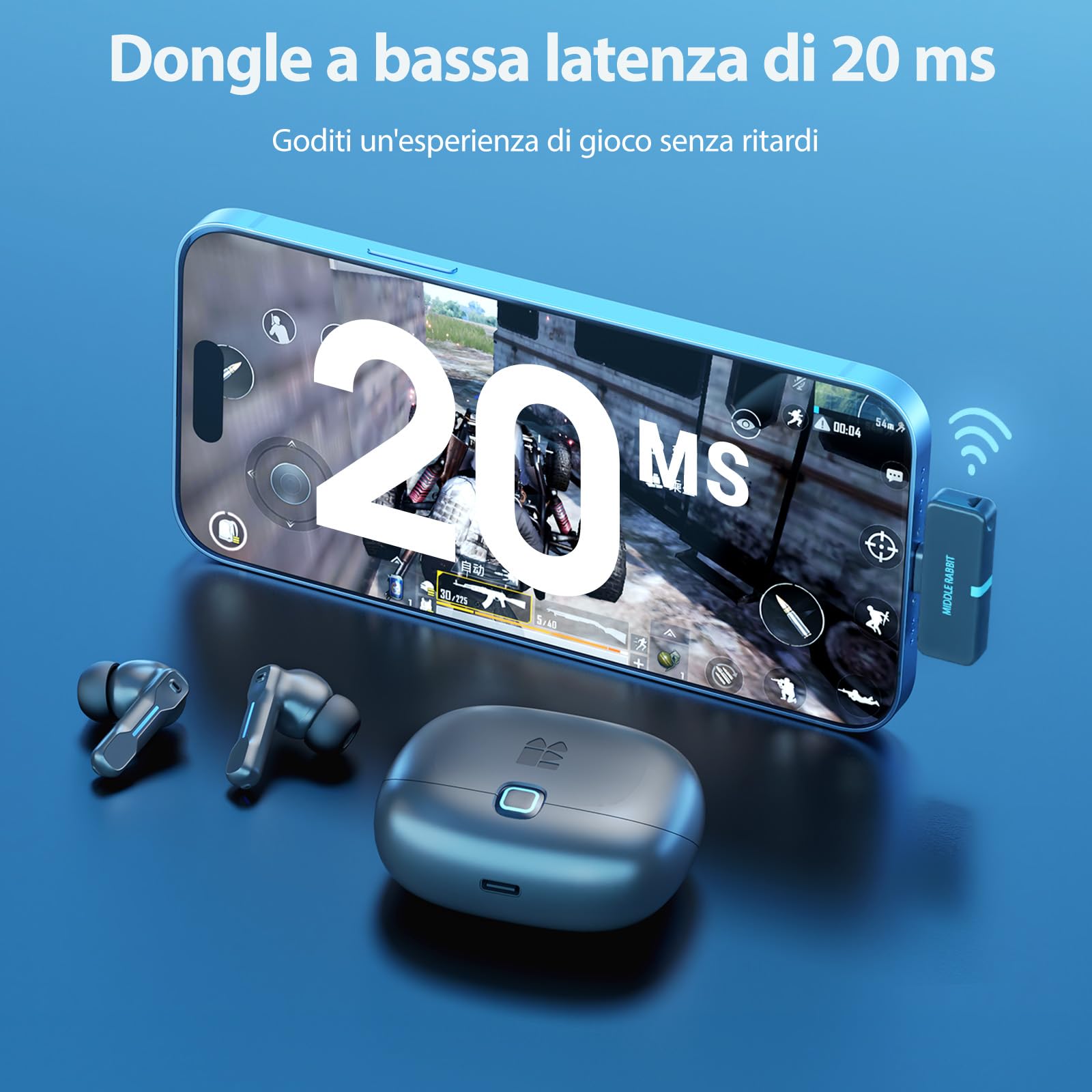 Middle Rabbit SW5 Cuffie gaming wireless con Bluetooth 5.4 e Doogle 2.4Ghz, Cuffie in-ear senza fili IPX4 impermeabile con microfono AI, Auricolari 20ms bassa latenza per PC Mobile PS5 PS4 Switch VR