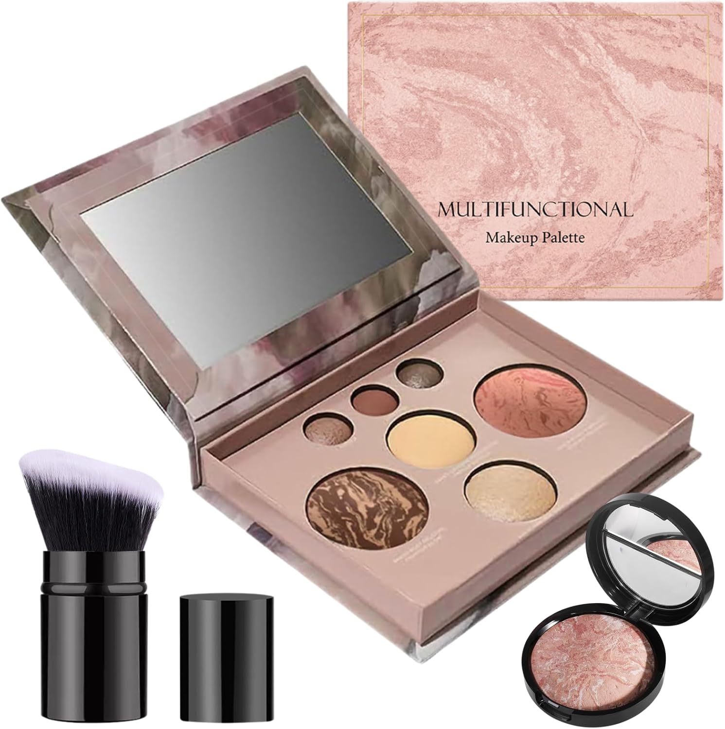 All-in-one Makeup Kit,Baked Starter Kit Full Size,Baked Balance & Brighten Powder Foundation & Retractable Angled Brush Multi-Functional Makeup Palette Gift Set #02 SET A, One Size