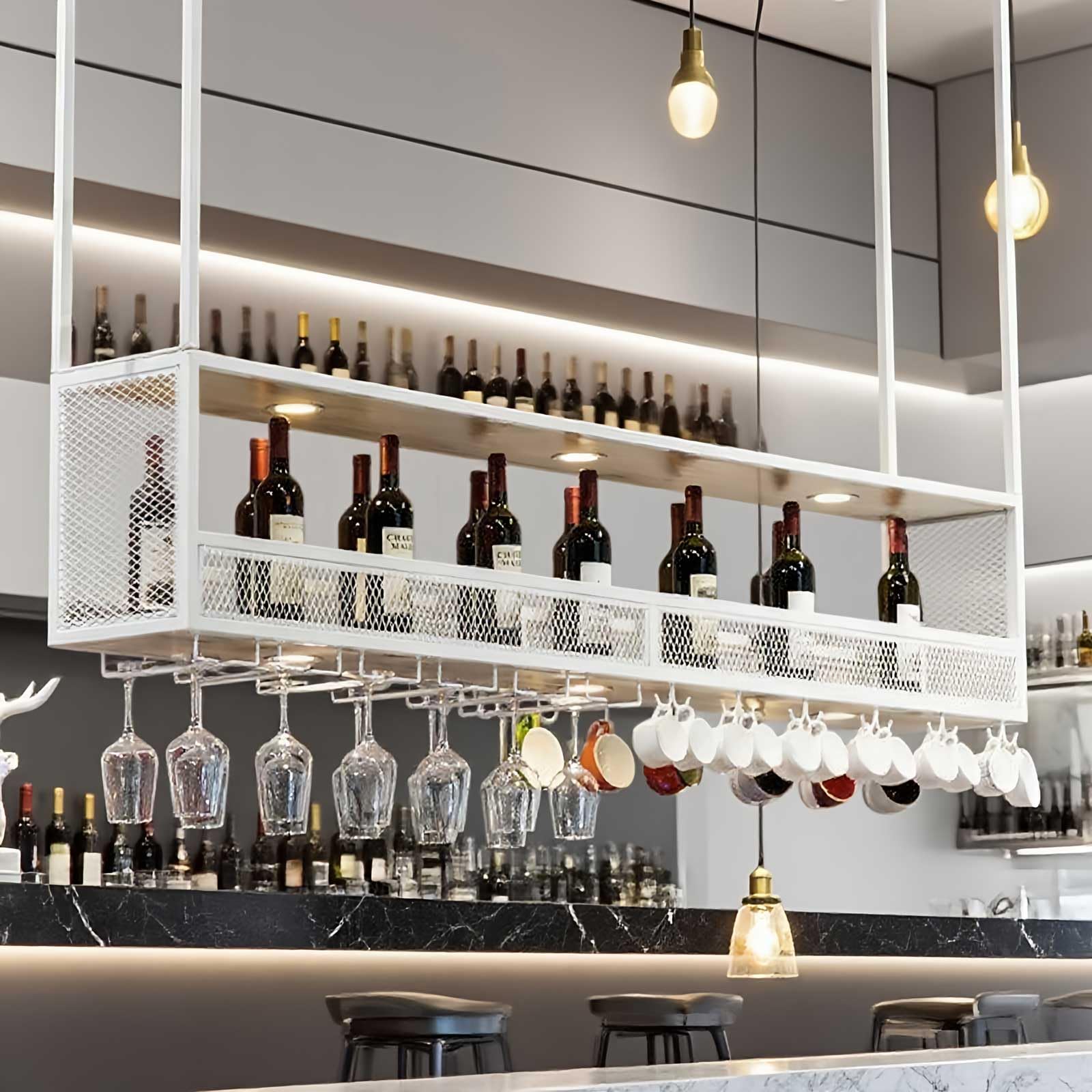 Étagère à vin suspendue en hauteur réglable à 2 niveaux pour bar, restaurant, café, cuisine
