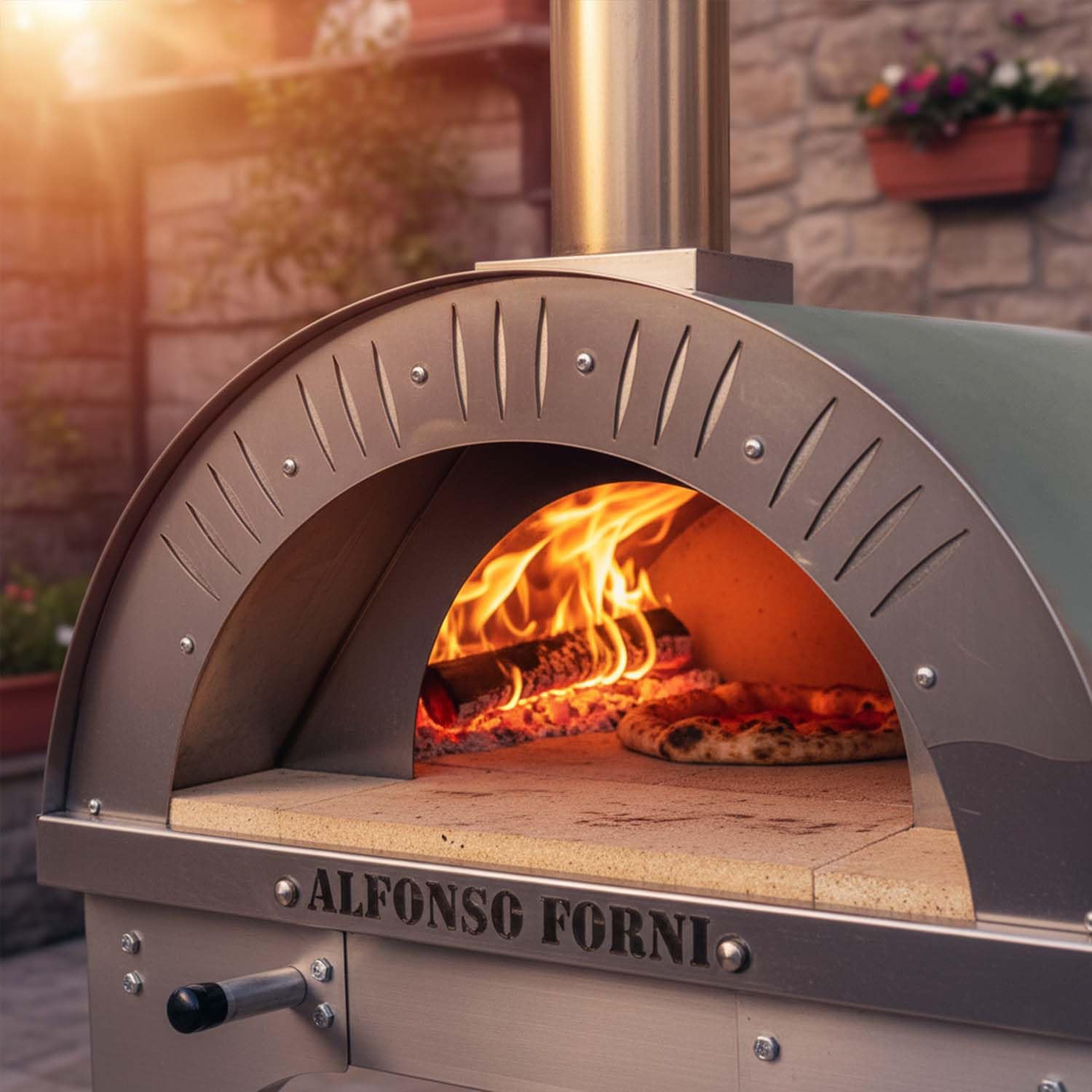 Forno a legna da esterno Per Pizza, Pane, focaccia Alfonso 2 Pizze Con Carrello Antracite, mattoni refrattari, biscotto 3 cm, portina acciaio inox e pirometro 500 gradi, cottura diretta, Made In Italy