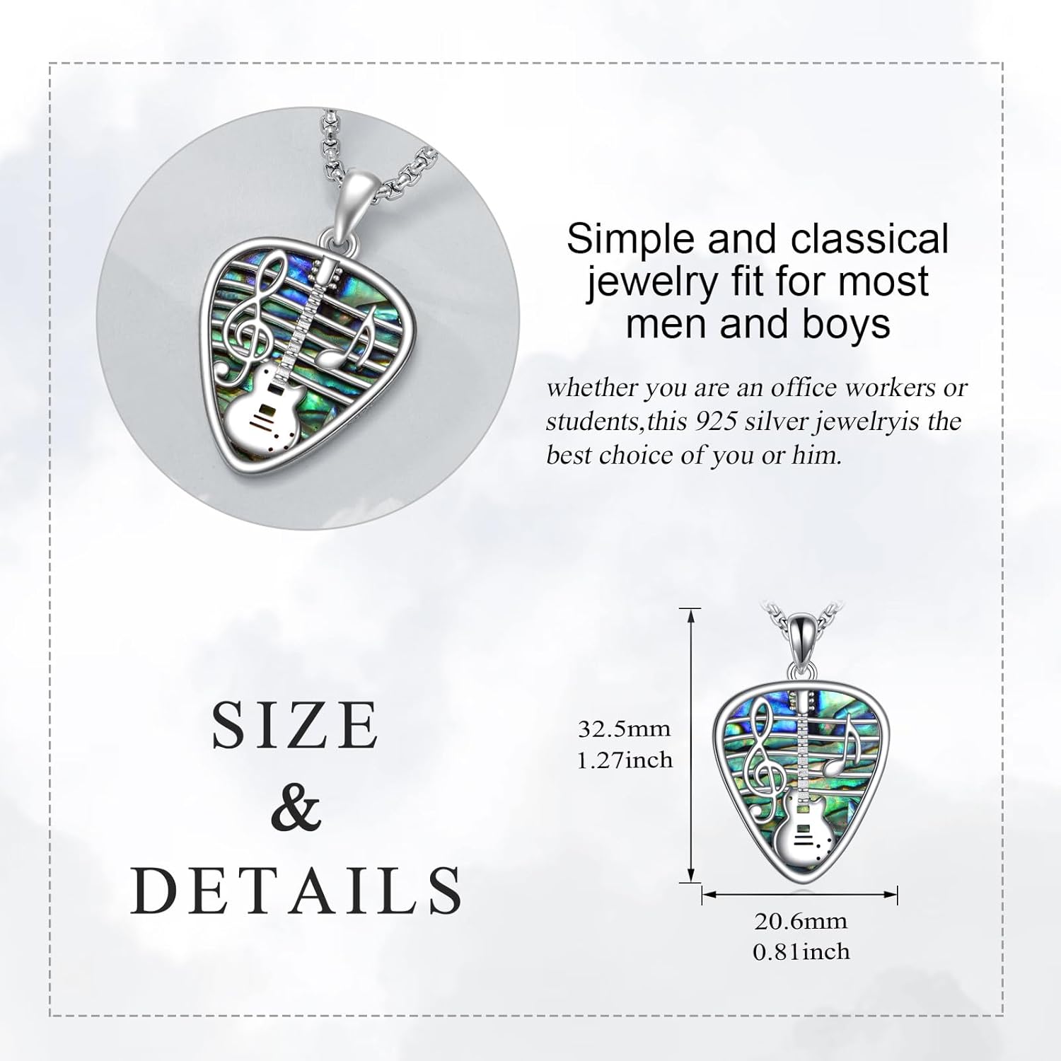 Guitar Pick Necklace 925 Sterling Silver Abalone Shell Guitar Necklace Musical Guitarist Jewelry Gifts for Women Men - Image 6