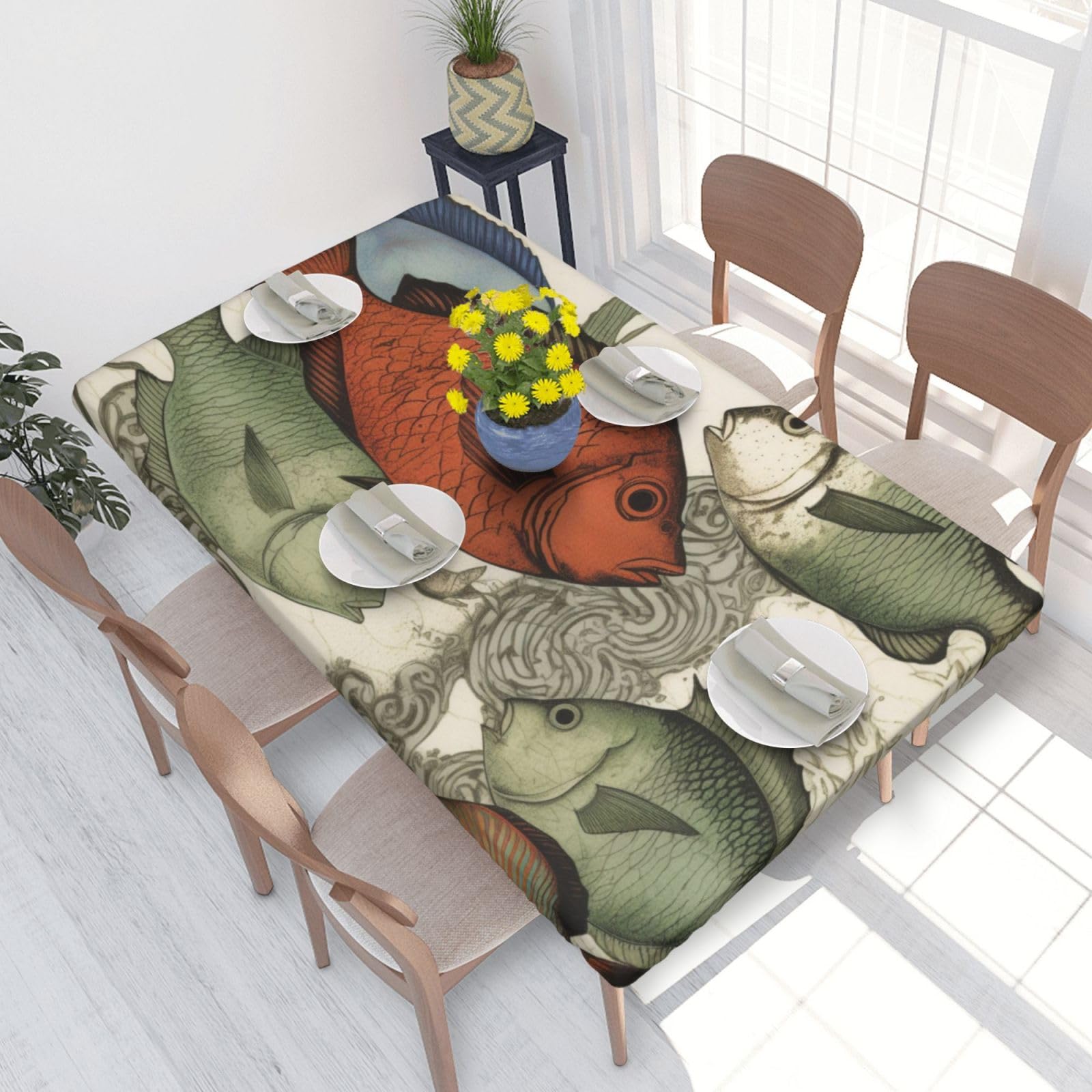 WPKJU Fish Printed Tablecloths 4ft Rectangular Table Covers Washable Polyester Decorative Table Cloth for Dining Table Picnic Wedding
