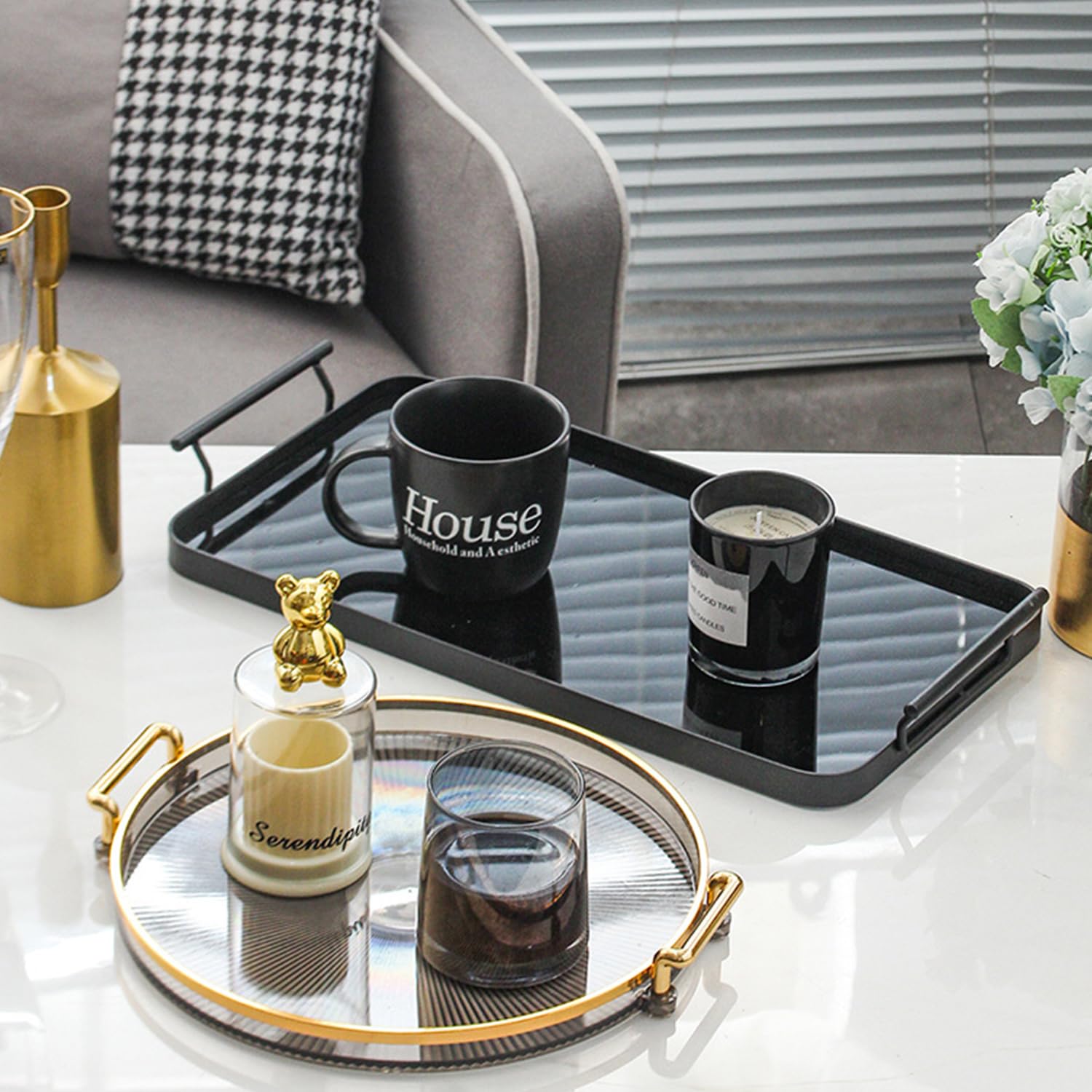 Tissting Decorative Tray 27cm Round Anthracite Gold Transparent Serving Holder with Handles - Image 2