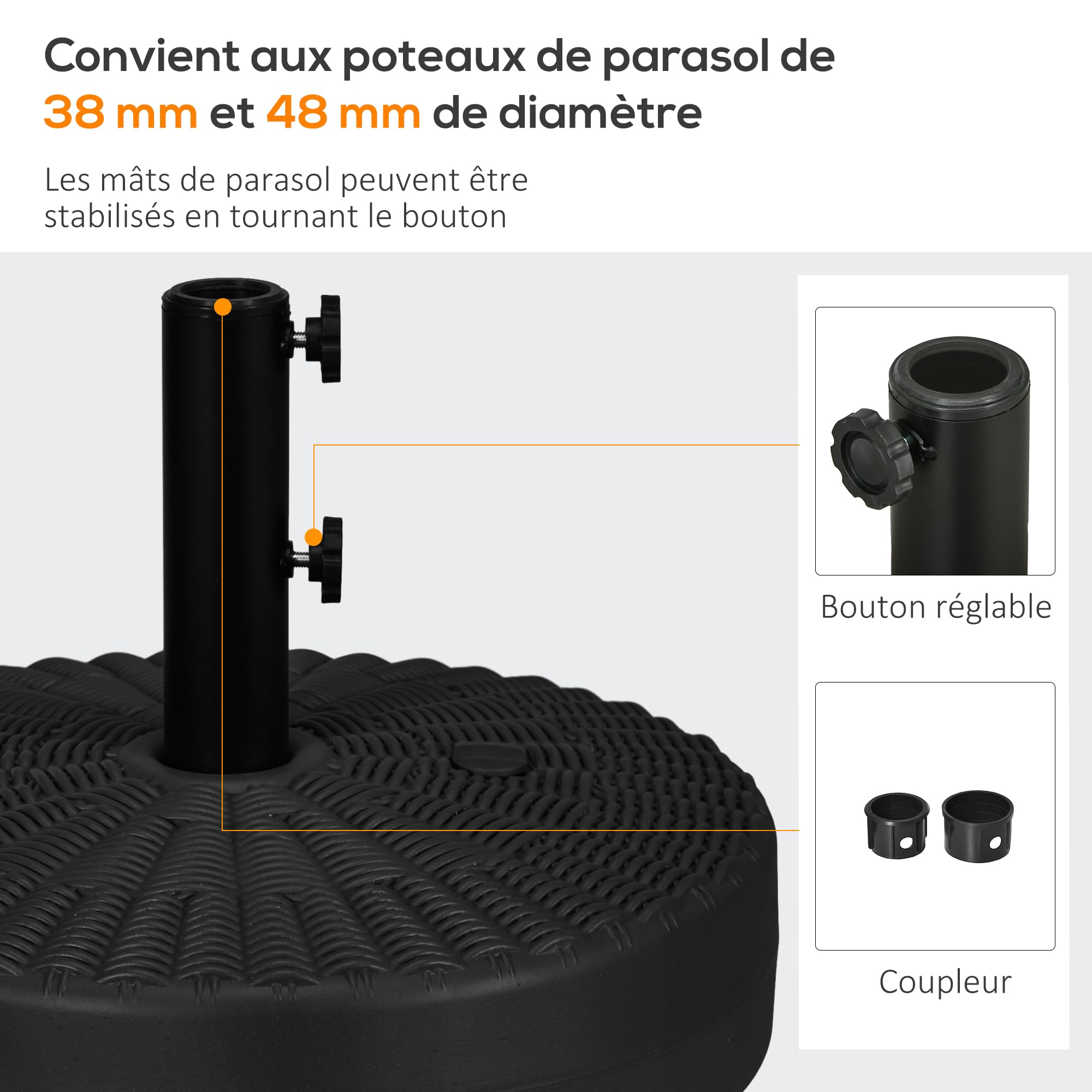 Outsunny Pied de Parasol Base de Parasol Support de Parasol à remplir d'eau et de Sable en HDPE pour mât Ø 38 et 48 mm - Ø51 x 36H cm Noir
