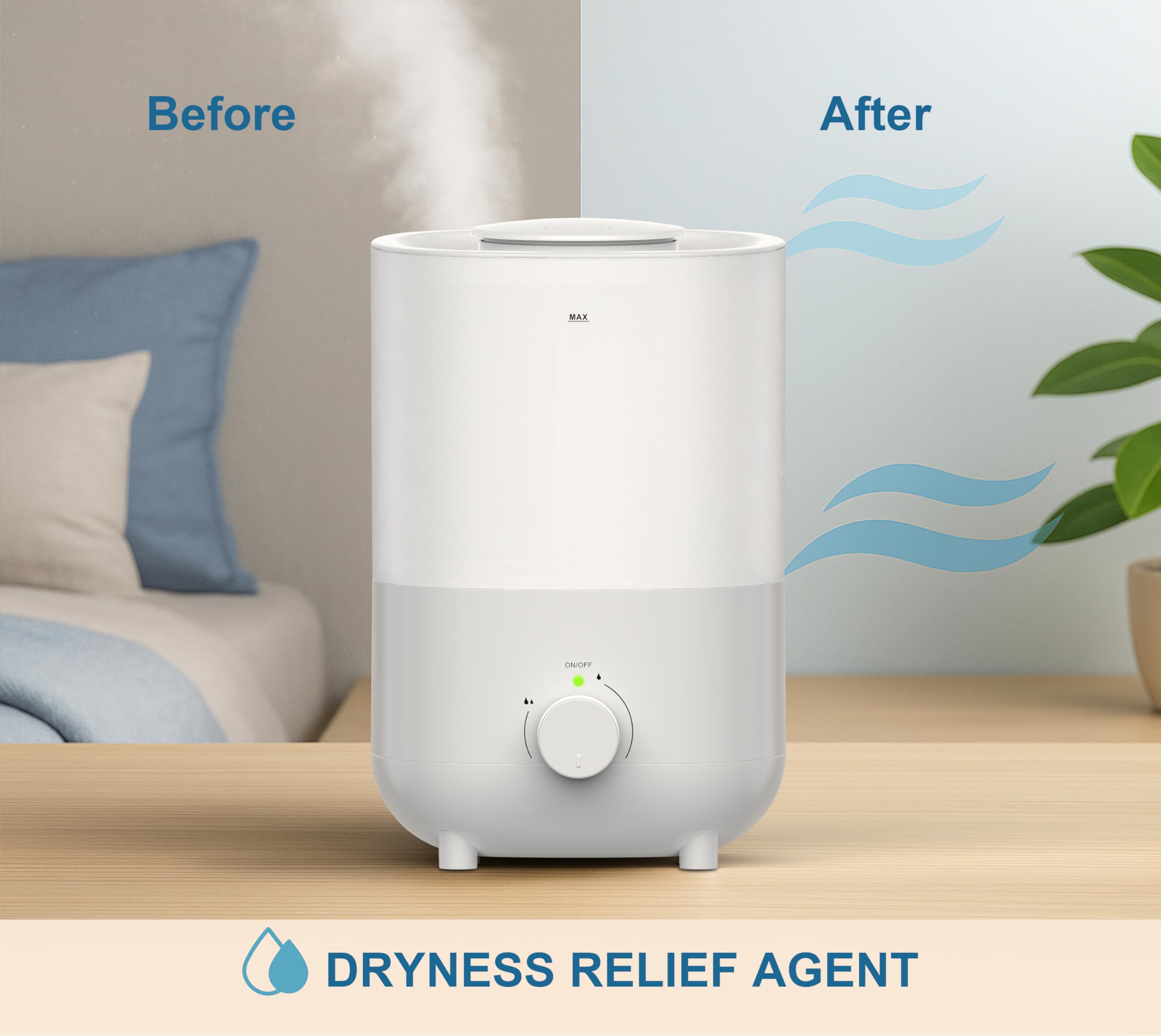 iTOMA 2111 - Humidificador de 2,6 l, color blanco, funcionamiento con una sola pulsación, niebla ajustable 360°, ultrasónico silencioso, para dormitorio y oficina