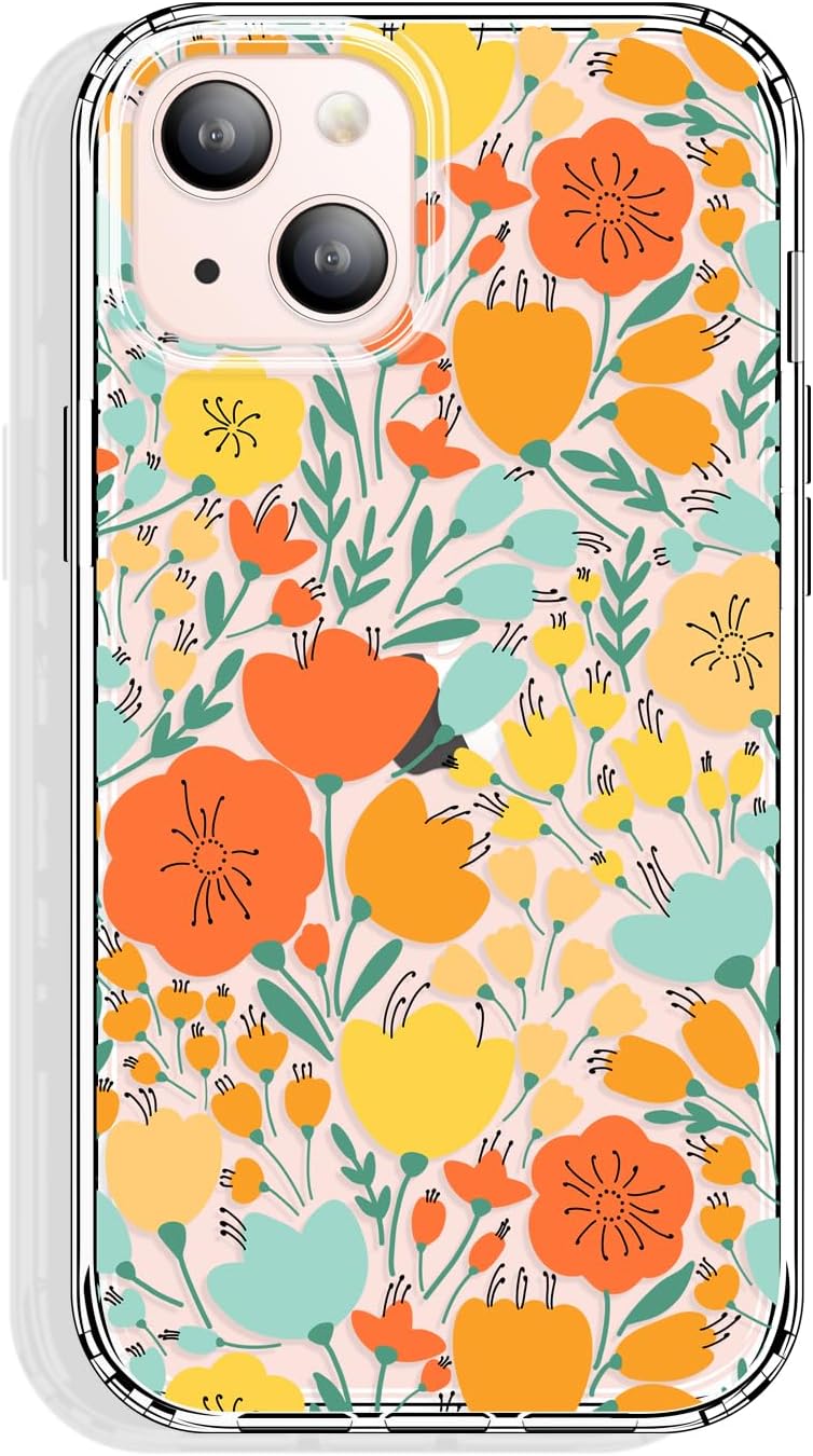 for iPhone 14 and iPhone 13 Case Clear 6.1 Inch with Pattern Design, Protective Slim TPU Cover + Shockproof Bumper for Women and Girls (Flowers/Tulip)