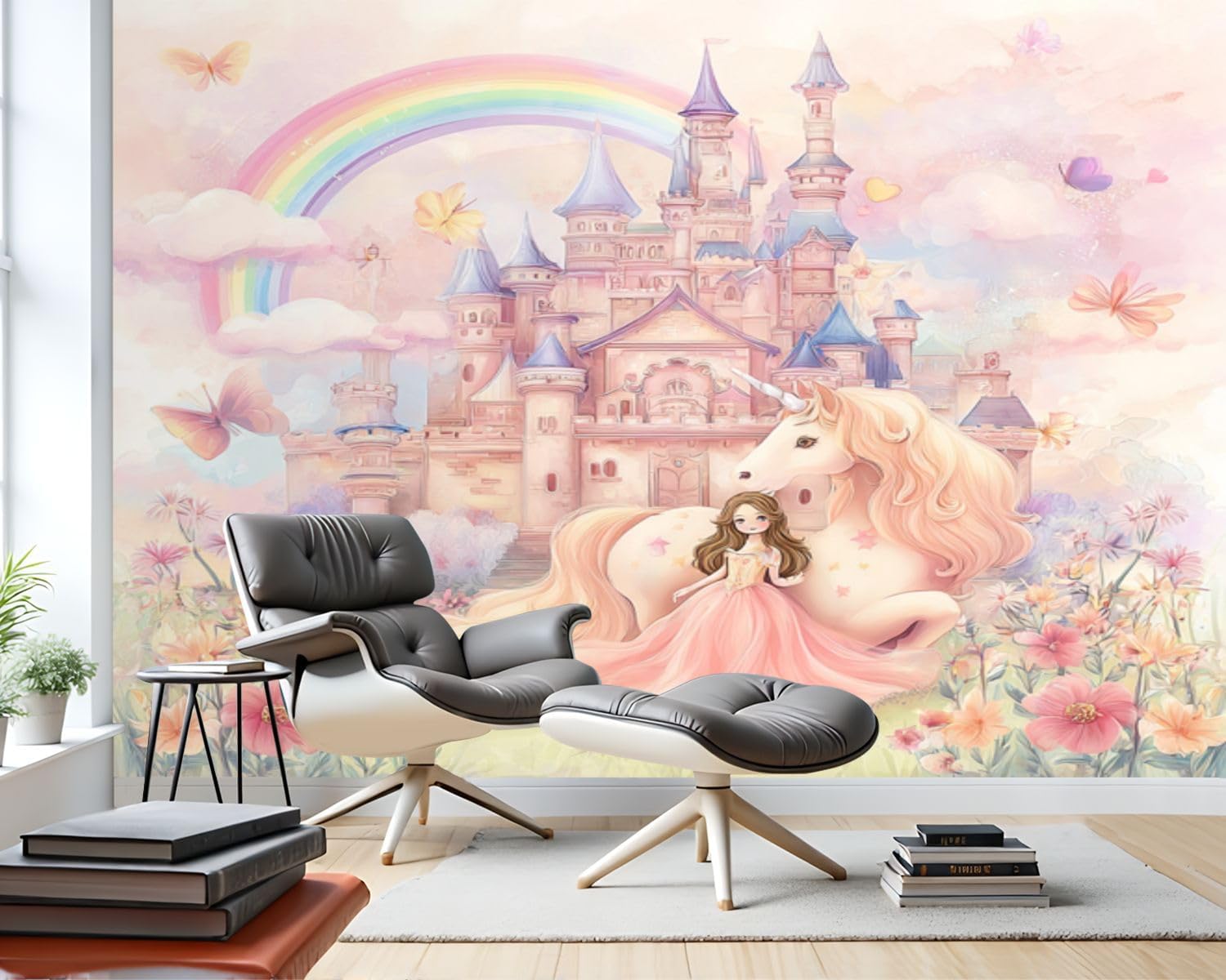 69"x98" Wall Mural Peel and Stick Wallpaper Wall Decor Self Adhesive Removable Wall Stickers Magical Castle Princess Pastel Dreamy Landscape Decorative for Bedroom Living Room