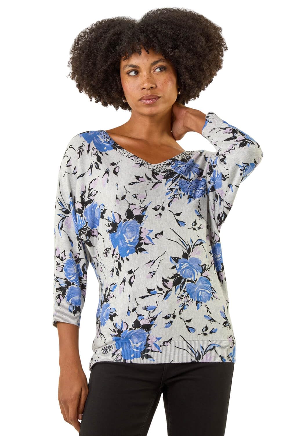 Roman Women's Grey Embellished Floral V-Neck Jumper Size 20