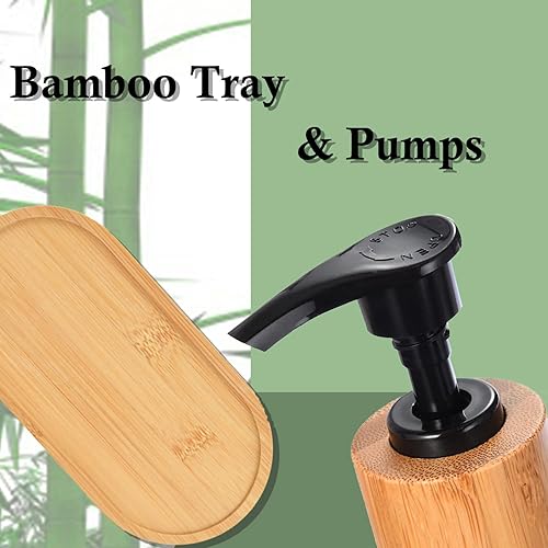 Miniatura 5 de Dispensador de enjuague bucal ámbar para baño, botellas de enjuague bucal recargables de 16 onzas con bombabandeja de bambú y soporte para vasos de