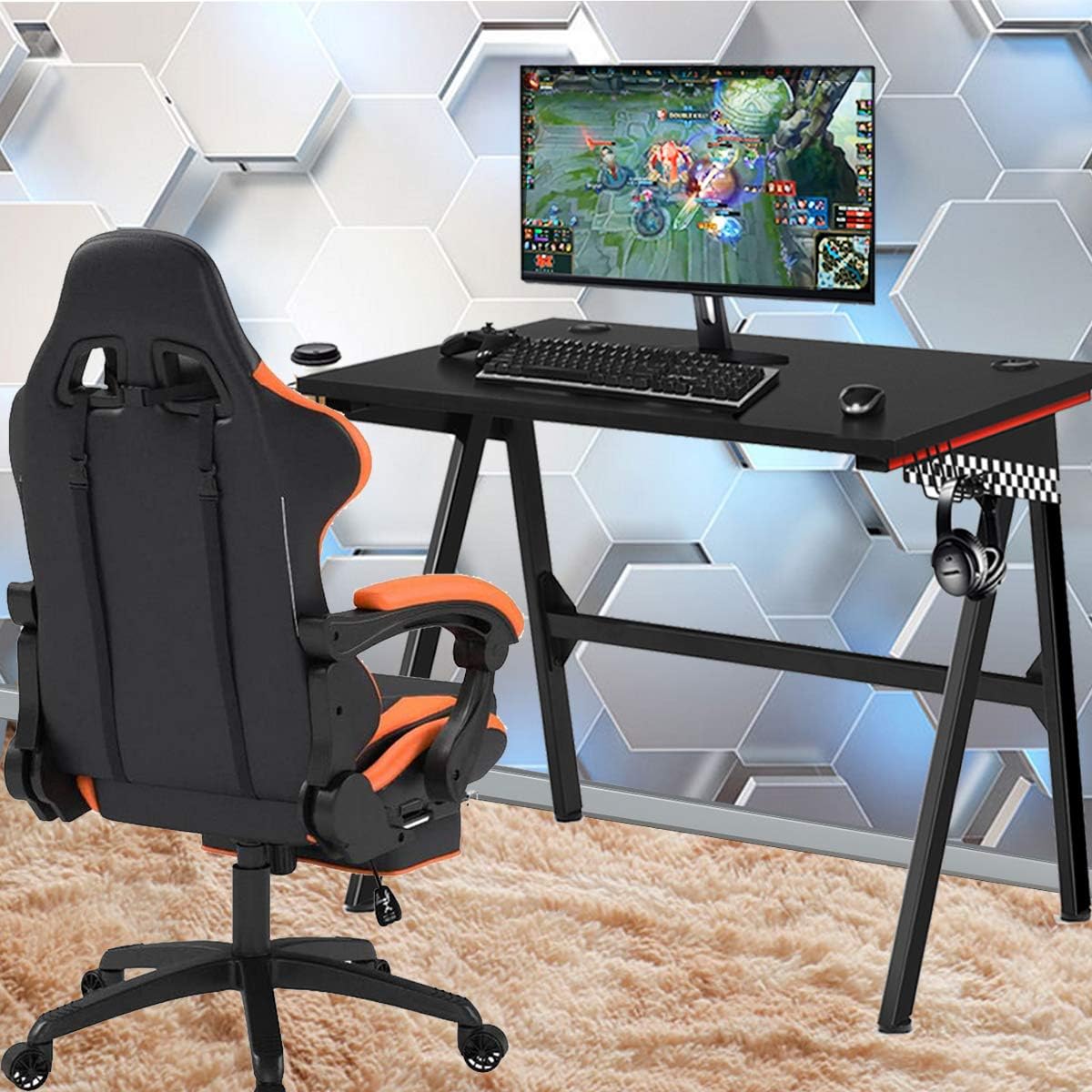 POWERSTONE Gaming Desk 40 inch PC Computer Desk Ergonomic Racing Gaming Table Gamer Workstation with Cup Holder Headphone Hook & 2 Cable Management Holes