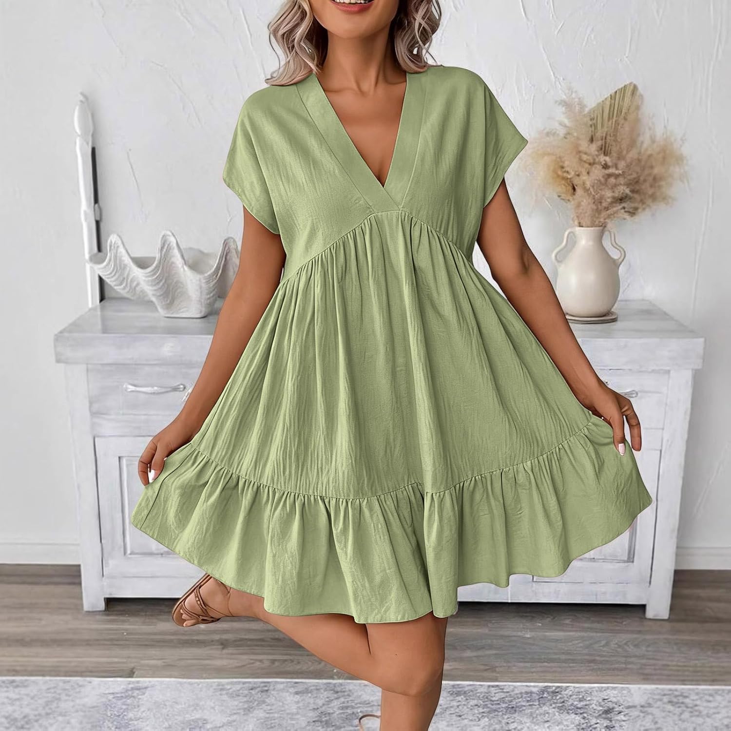 Women's Deep V Batwing Sleeve Dress Ruched Ruffle Hem Cotton Linen Dress Loose Fit Fashion Casual Mini Dress 2026