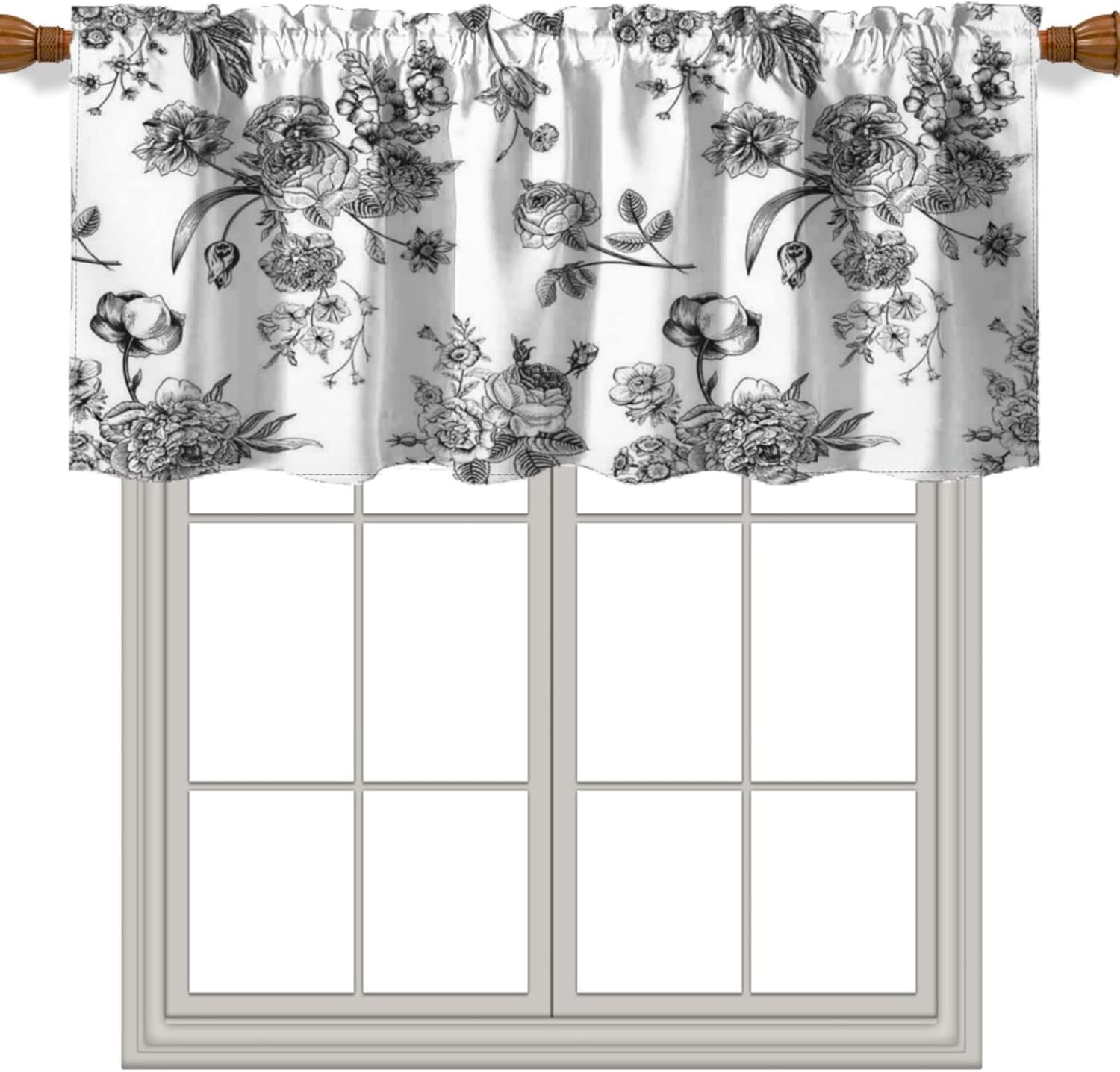 Vintage Theme Valances Curtains,Floral Pattern for Living Room Valance for Windows Rod Pocket Curtain Valance,Black and White,60 x 18 in