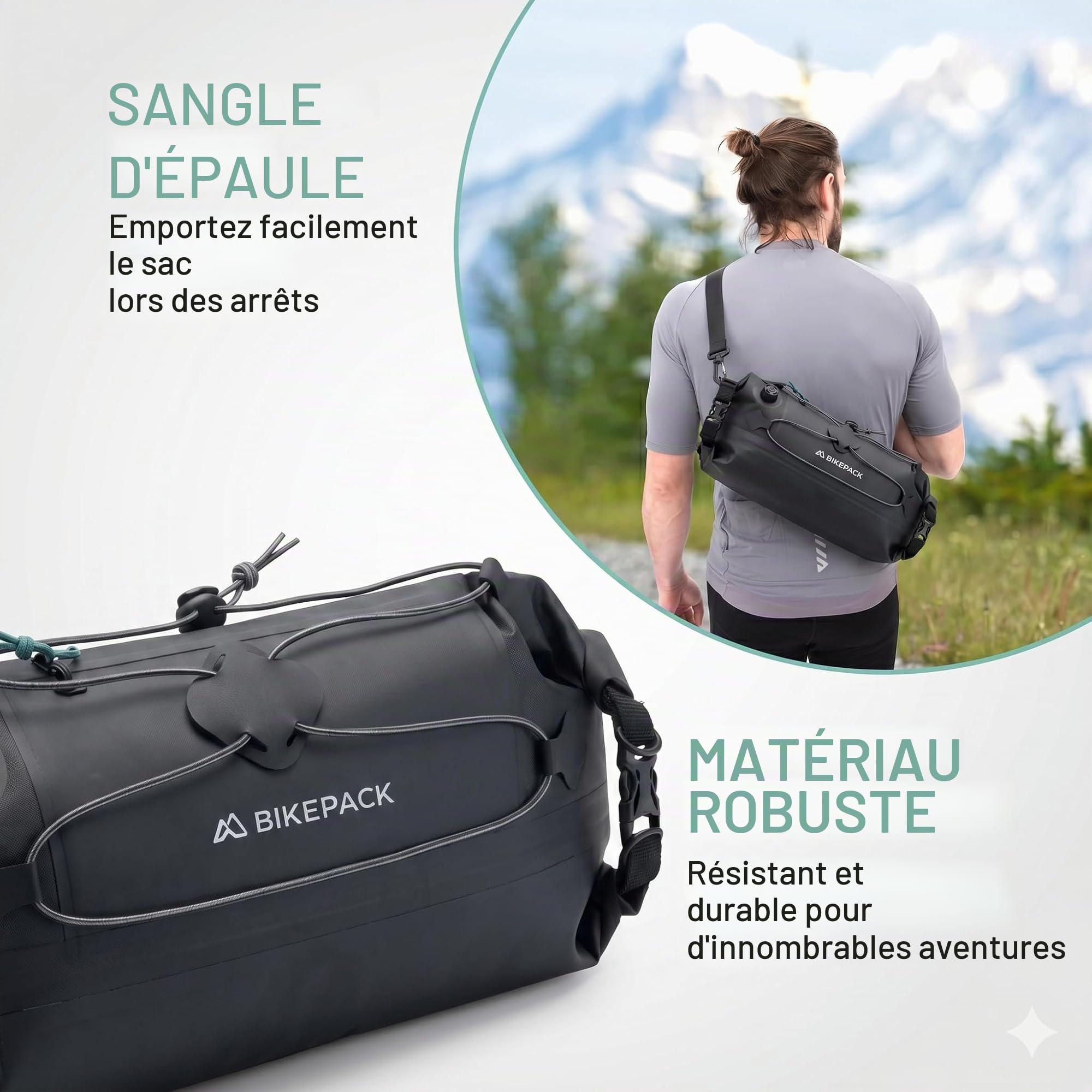 BIKEPACK Sacoche de Guidon Vélo 9,5L Étanche - Bikepacking Gravel VTT | Rouleau imperméable avec séparation intérieure et poche téléphone, montage sans outil, accessoire route et cyclotourisme