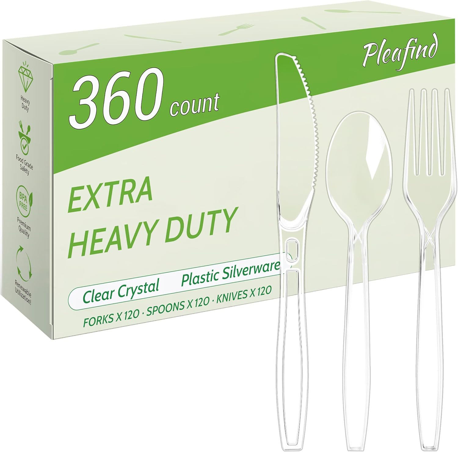 Pleafind 360 Count Plastic Silverware - 7 Inch Heavy Duty, Food Grade Plastic Utensils Set for Family Gatherings, Picnics & Everyday Use, Disposable Silverware with 120 Forks, Spoons and Knives