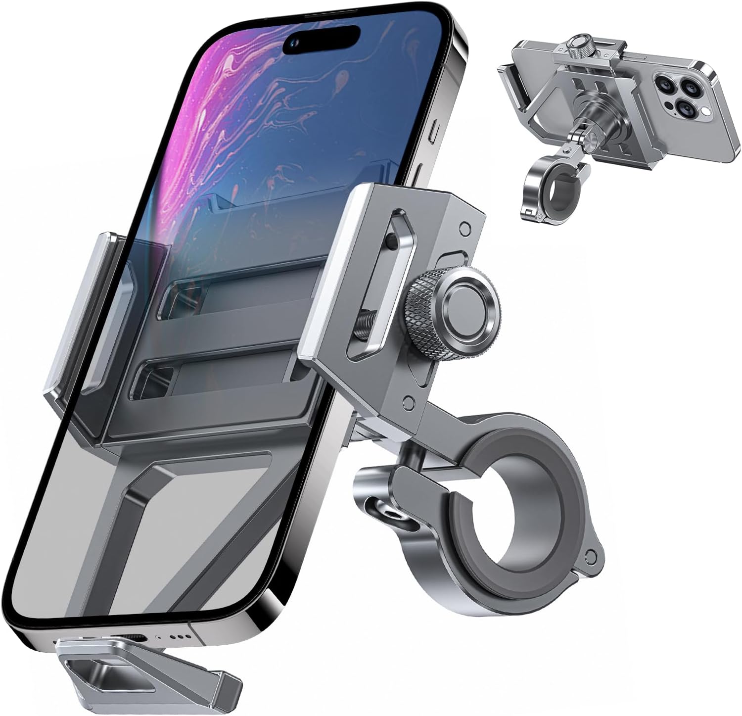 Bike Phone Mount Holder, Aluminum Motorcycle Phone Mount, Motorcycle Bicycle Handlebar Cell Phone Holder 360° Rotation, Universal Motorcycle Mount Anti Shake & Anti-Theft for 4-6.5 inches Smartphone