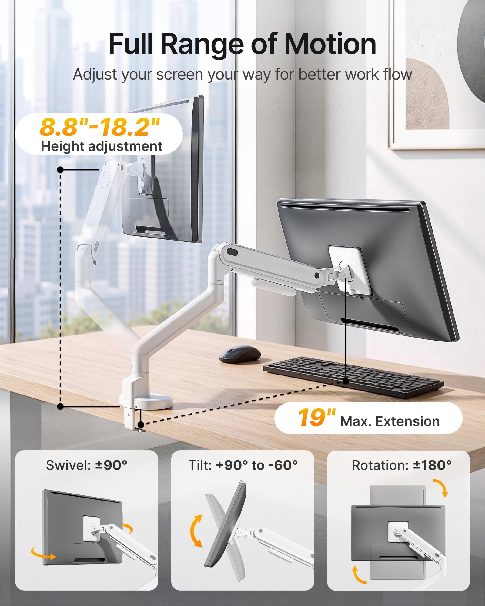 monTEK Bras de moniteur simple avec USB A/C, support réglable robuste pour écrans de 17" à 40", bras à mouvement complet, ressort mécanique pouvant supporter jusqu'à 12 kg, VESA 75 x 75/100 x 100 cm