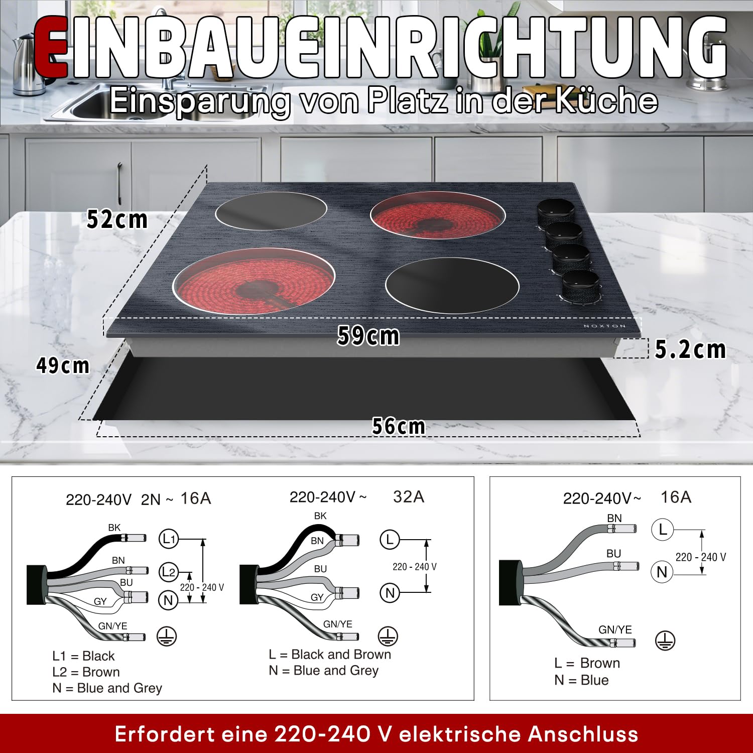 Keramikochfeld 4 Platten mit Knopfsteuerung, Glaskeramikkochfeld 60cm,6000W | Elektrokochfeld Einbau 4 Zonen mit 9 Leistungsstufen, 220V-240V, Kein Stecker