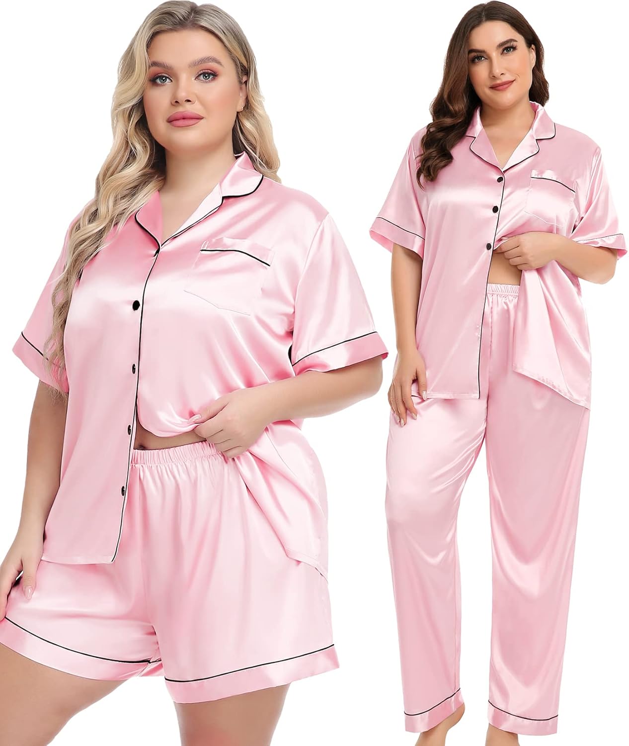 SWOMOG Women Plus Size Pajama Set Button Down Pjs 3pcs Silk Satin Sleepwear Loose Shorts Sleeve Loungewear 18W-26W - Image 2