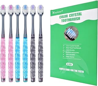EasyHonor Soft Toothbrushes, Adult Medium Bristle Toothbrushes with Fashion Color Crystal & Non-Slip Handle and Wide-Head and Square Hole Bristles, Soft Toothbrush for Sensitive Gums (6 Pack)