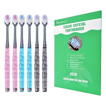 EasyHonor Soft Toothbrushes, Adult Medium Bristle Toothbrushes with Fashion Color Crystal & Non-Slip Handle and Wide-Head and Square Hole Bristles, Soft Toothbrush for Sensitive Gums 6 Pack