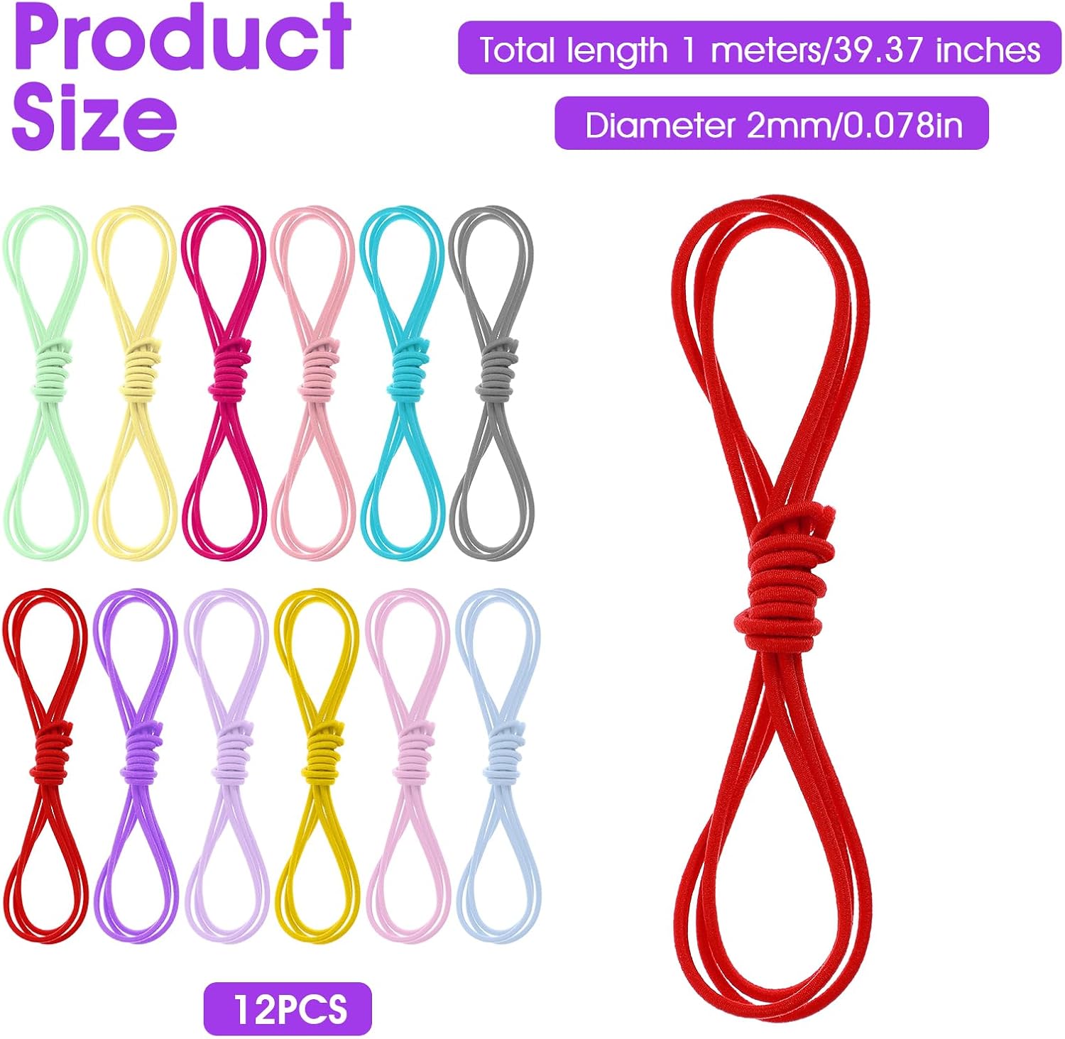 Ouligay 13 Yards 2mm Elastic Band Cord Bracelet String Rubber Rope | 12 Colors 3.3ft/PCS Elastic String for Bracelets Beaded Cords Bungee Shock Cord for DIY Crafts Beading Sewing Jewelry Making