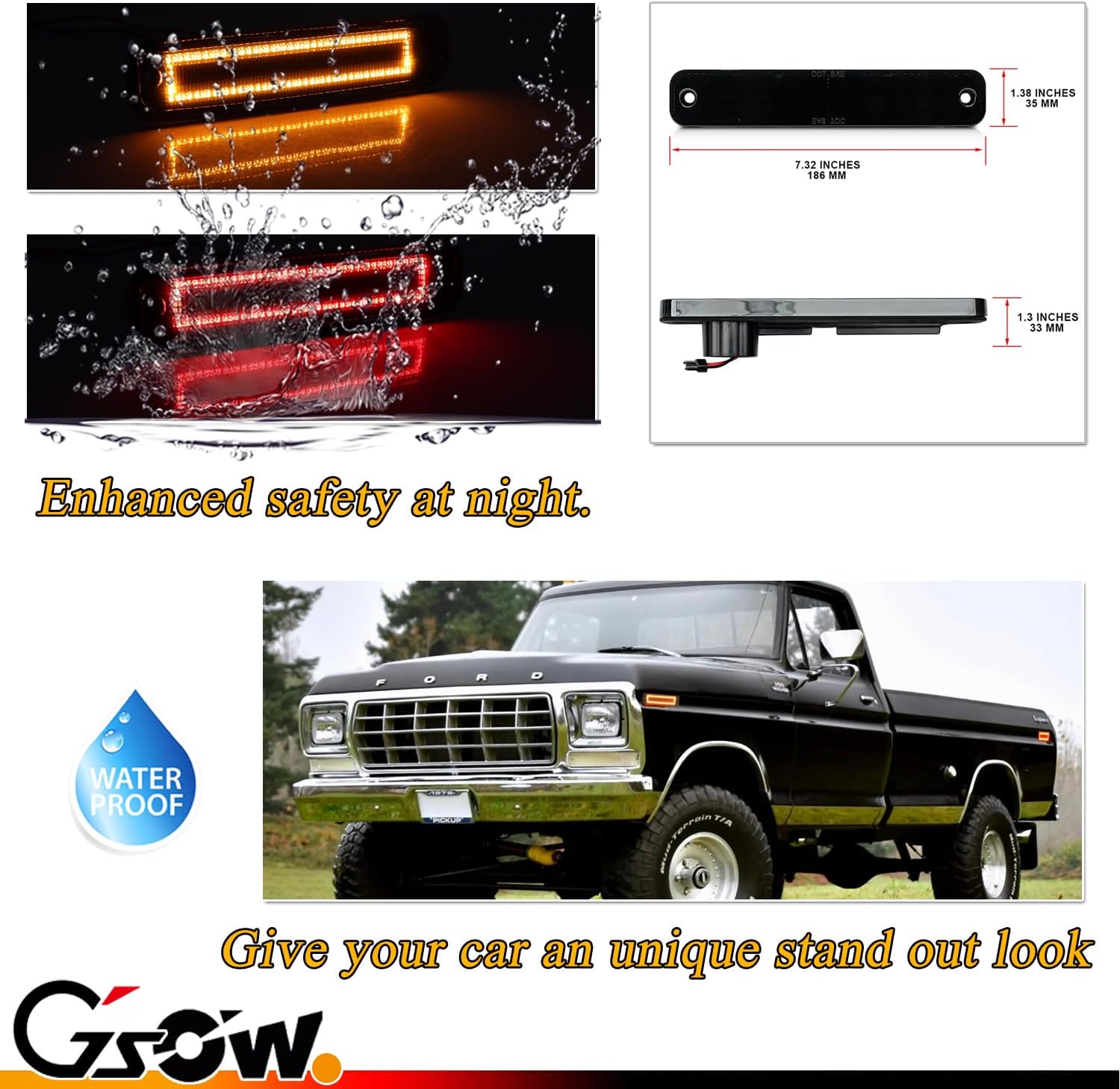 4 PCS Amber & Red LED Side Marker Lights for 1973-1979 F'ord F100 F150 F250 F350, 1975-1991 E100 E150 E250 E350, Smoked Lens Front Rear Side Fender Lamps
