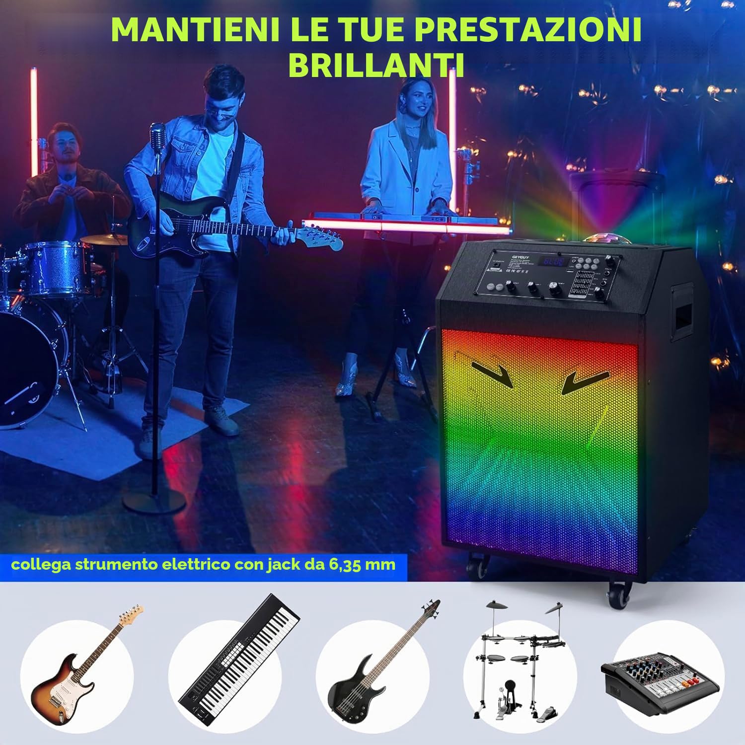 Macchina karaoke Ankuka con 2 microfoni wireless Bluetooth, impianto PA con ruote e luci da discoteca, supporta TV/TWS/EQ/AUX/USB/TF/Rec per feste, compleanni