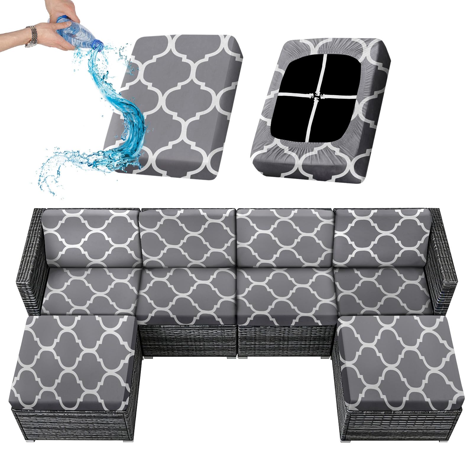 Sfcover 1/2/4/6 Pack Outdoor Sofa Cushion Covers Waterproof Stretch Garden Furniture Seat Back Cover Patio Upholstery Silpcover Replacement Set for Rattan with 4 Adjustable Laces (grey geometry,2)
