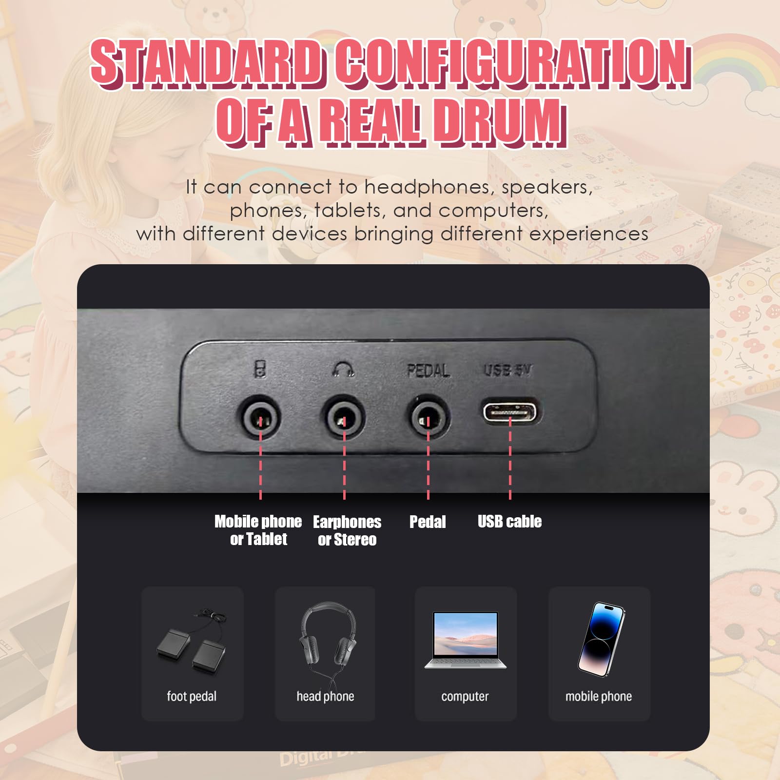 Batería electrónica plegable con 7 almohadillas, batería electrónica portátil con baquetas y altavoces dobles, ideal para niños y principiantes como regalo de cumpleaños o idea de regalo