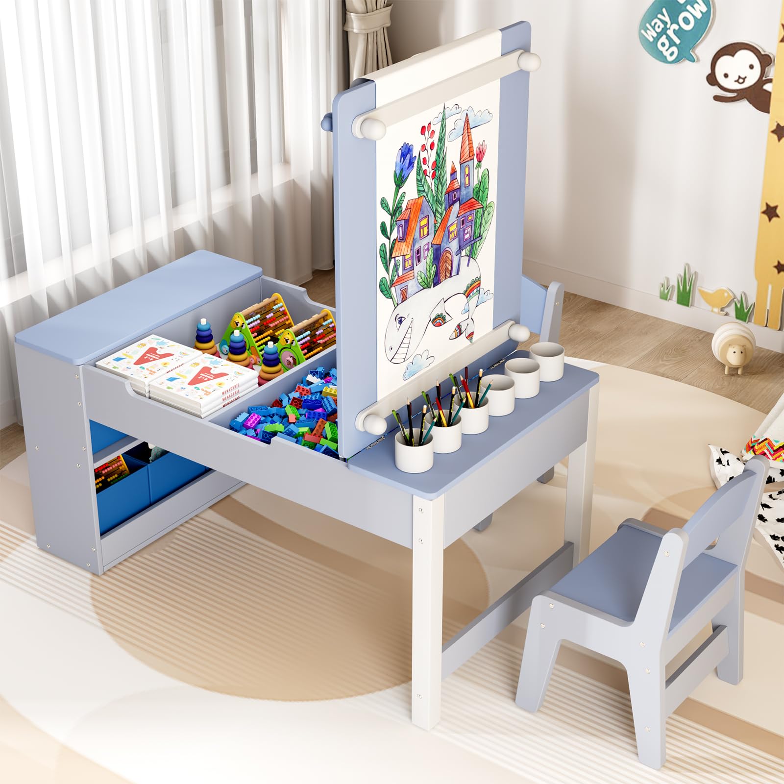 Clevich Kindertisch mit 2 Stühlen, Tisch-Stuhl Set Holz, Kindersitzgruppe mit Stauraum, Maltisch mit Papierrolle, Mal und Basteltisch für ab 3 Jahre (Blau)