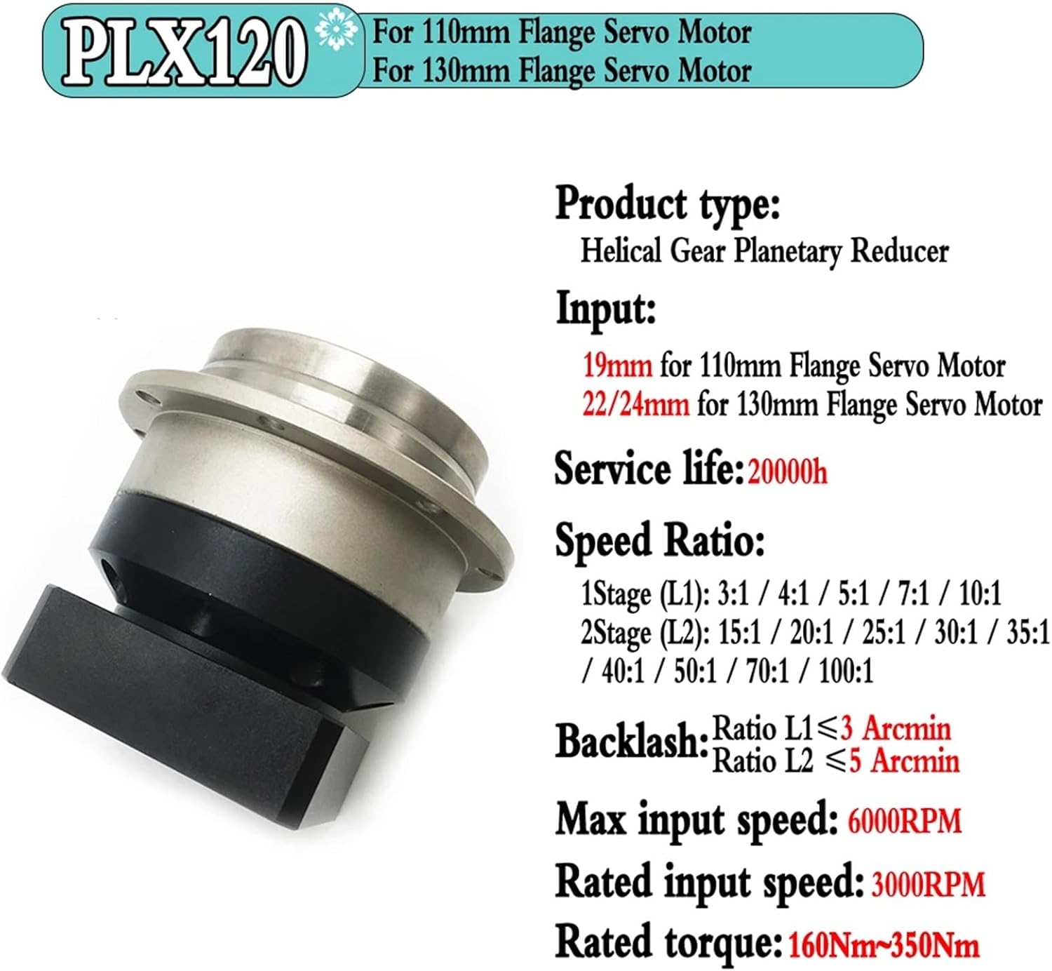 1pcs High Precision Helical Planetary Gearbox ≤3 Arcmin | NEMA23/NEMA34 Rotary Reducer 3:1-100:1 Ratio for 60/80/90/130 Servo Motors(PLX060 14mm Input,Speed Ratio 25 to 1)