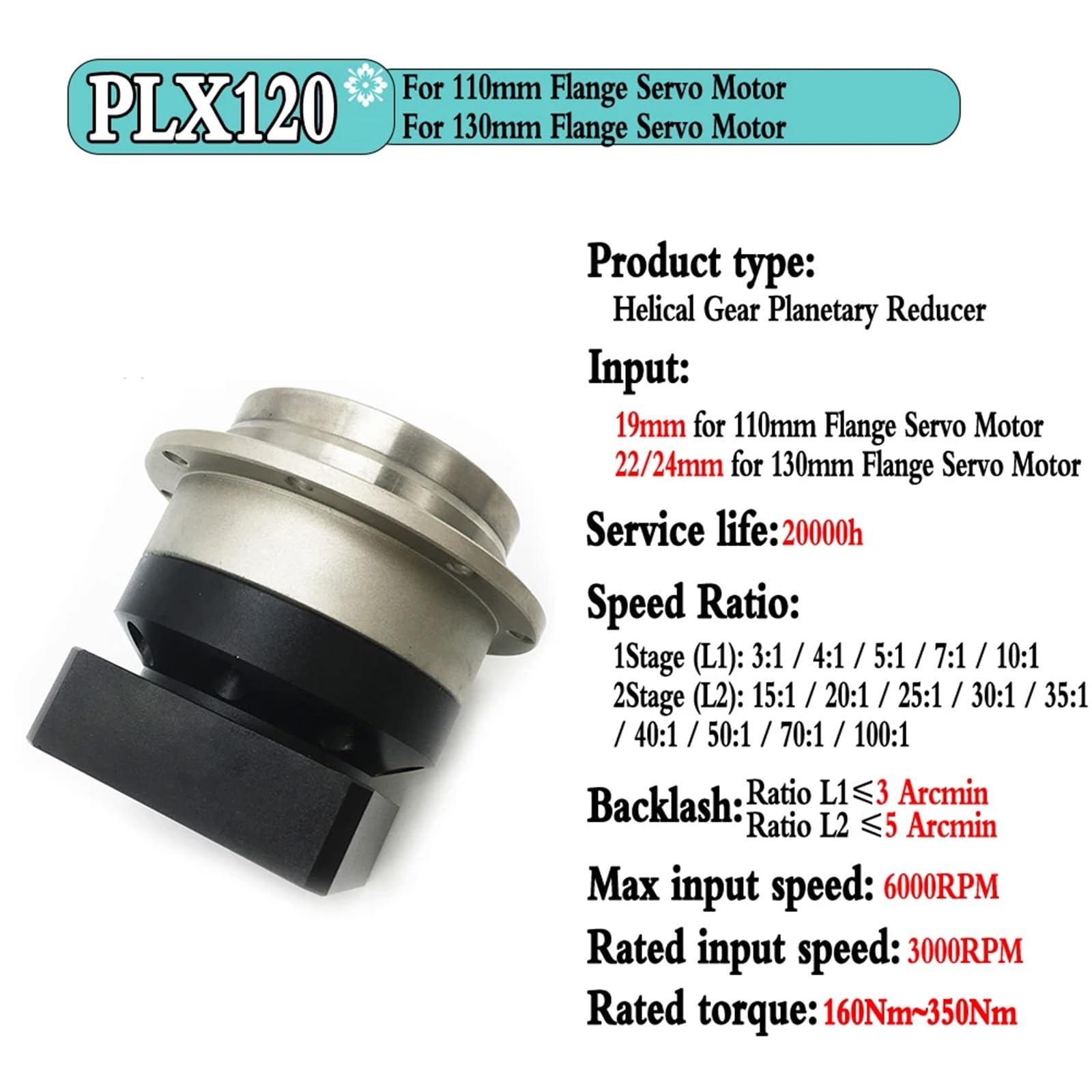 1 x hochpräzises Planetengetriebe ≤3 Arcmin | Drehregler NEMA23/NEMARotary 3:1-100:1 für 60/80/90/130 (PLX060 8mm Input, Speed Ratio 100 to 1)