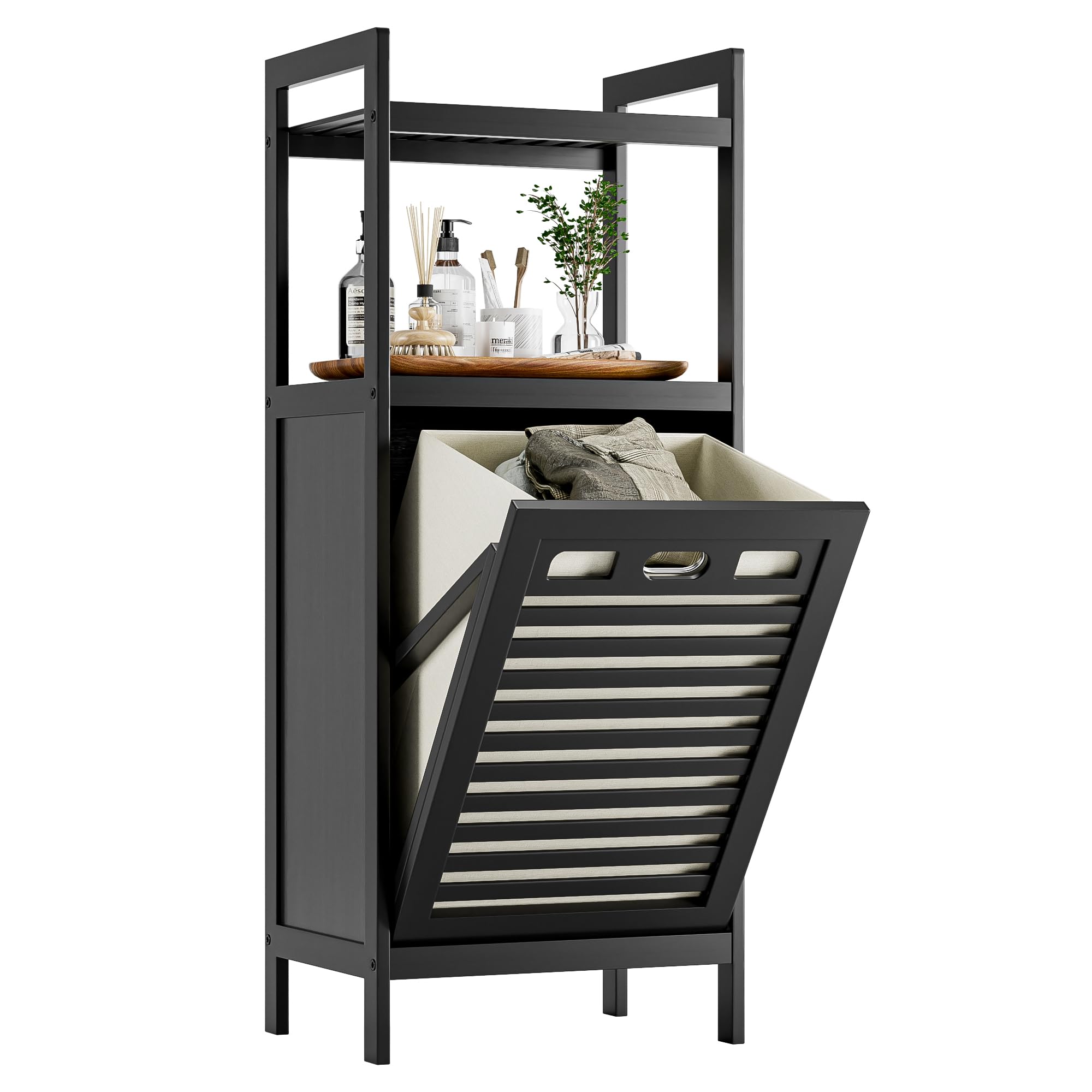 HITNET Tilt Out Laundry Hamper, Bamboo Bathroom Cabinet with Pull Out Removable Bag and 2 Tier Storage Shelves, 40L Clothes Basket with Metal Handle, Black