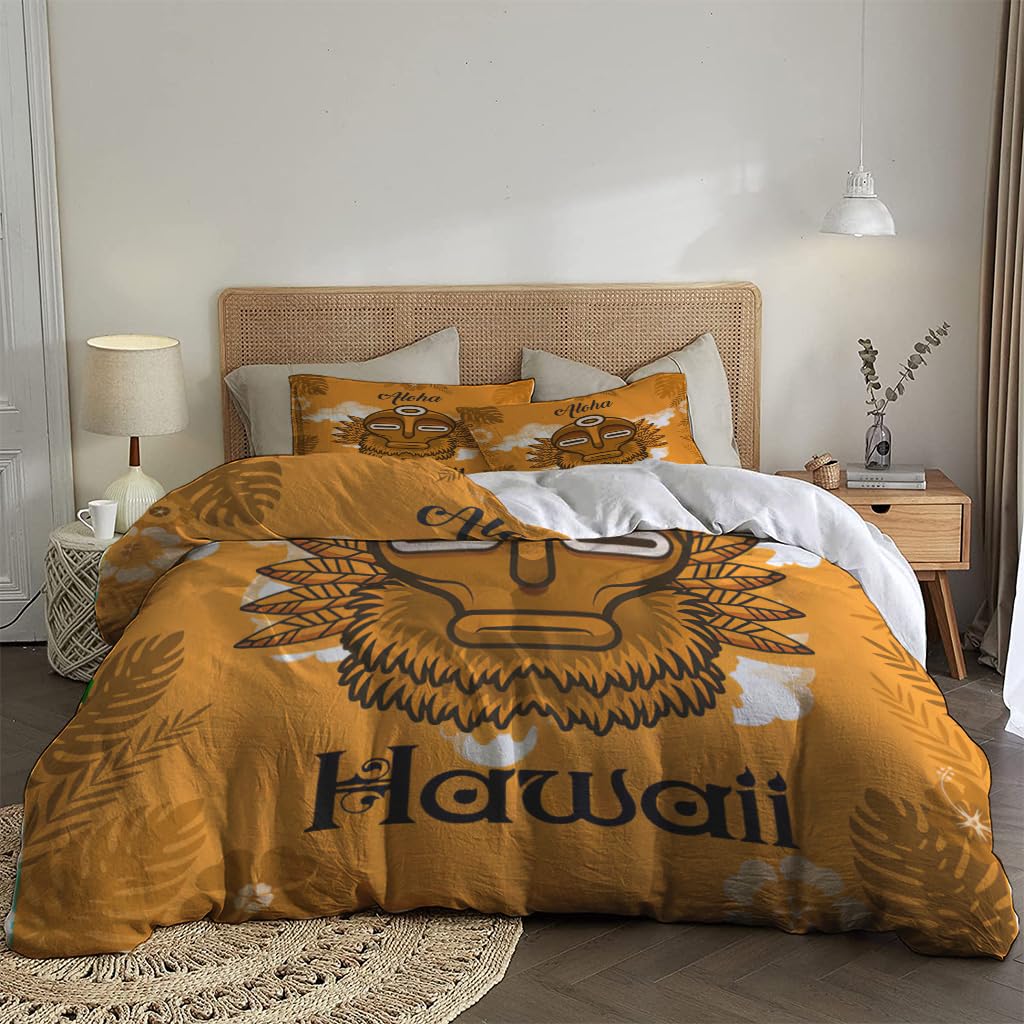 NIBAINLO 布団カバーアロハ-ハワイ-トライバル-マスク-葉-オレンジ背景 肌に優しい ピーチスキン加工 掛け布団カバー 和式 洋式 あったか 布団カバーセット リバーシブル ホームステイ ホテル 家庭兼用