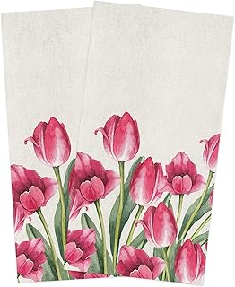 Kitchen Towels Microfiber Cleaning Cloths, Spring Watercolor Flowers Tulips Farmhouse Rustic Cotton Linen Dish Towels for Kitchen, Pack of 2 Absorbent Hand Towels Tea Towels,Bar Towels,18x28 Inch