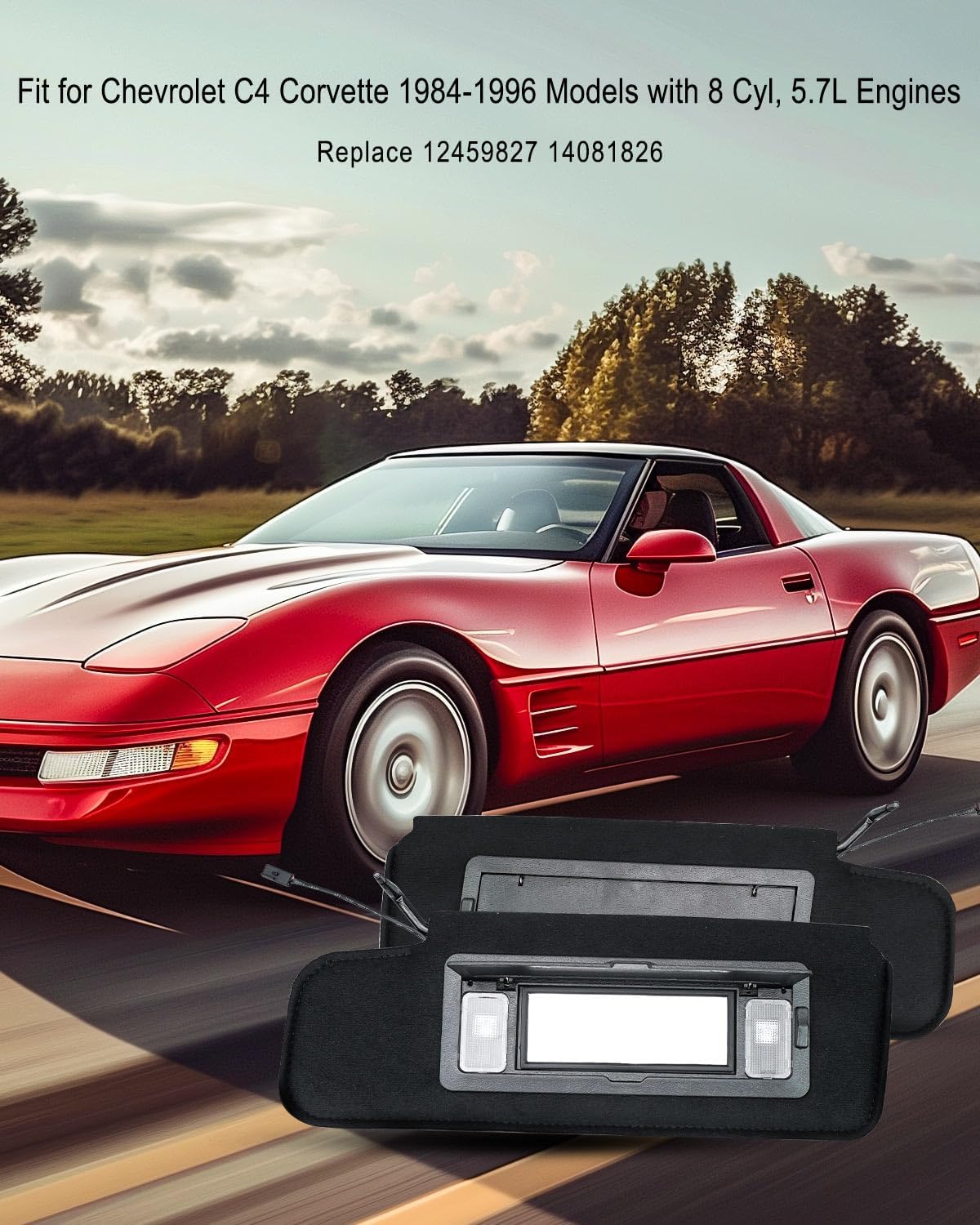 A Pair of Sun Visors with Vanity Mirror & LED Light Fit for Chevrolet C4 Corvette 8 Cyl 5.7L 1984 85 86 87 88 89 90 91 92 93 94 95 1996, Replace 12459827 14081826 Passenger & Driver Side