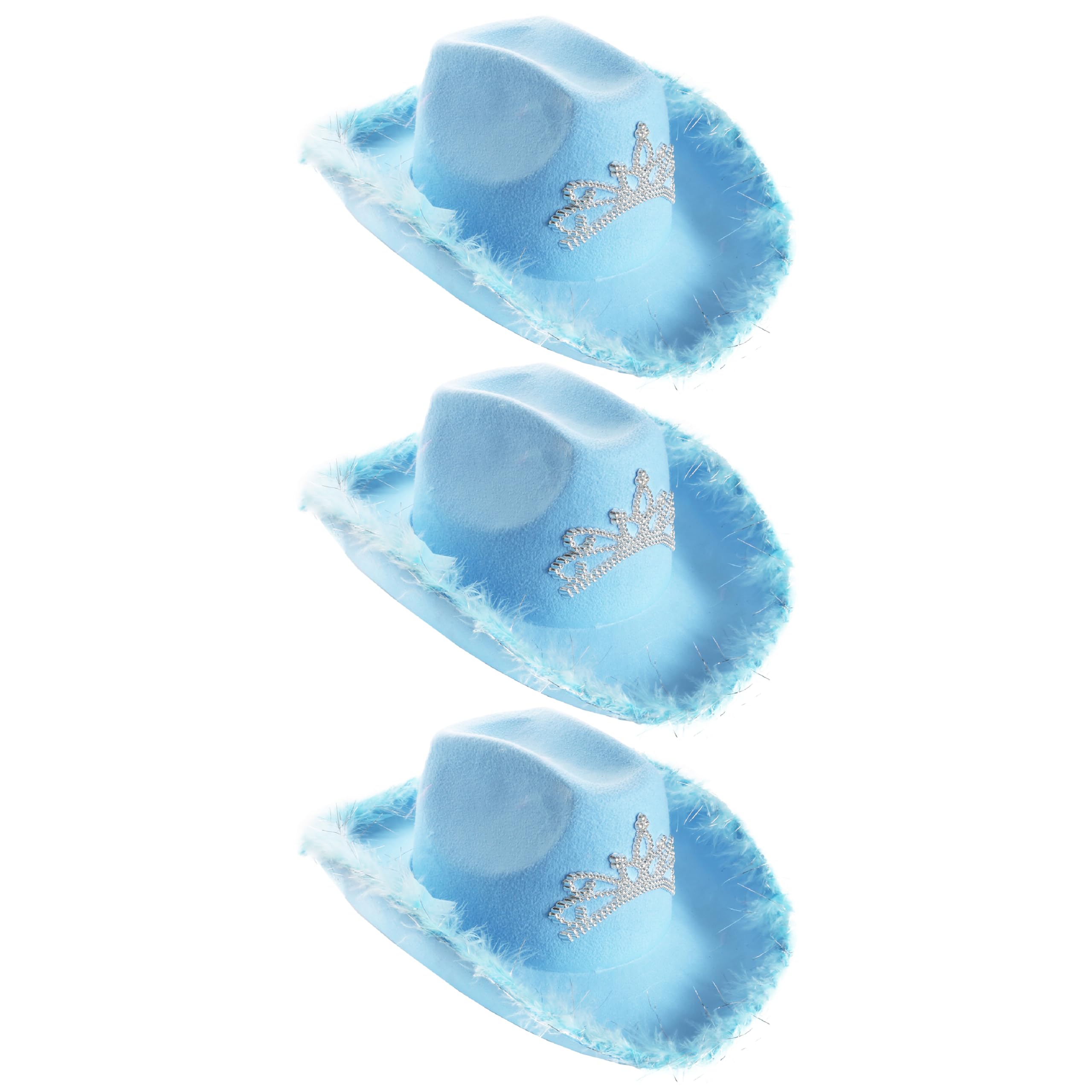 Tiara Cowgirl Hats - Pack of 3 - Blue Cowgirl Hat with Tiara Decoration and Marabou Trim - Adults Music Festival Fancy Dress Accessory โ image 1