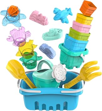 Splash & Sand Adventure Set Beach Toys for Toddlers with 18 Pcs Stacking Cups, Watering Can, Bucket, Shovels, Rake, Toy Car Sand Moulds & Storage Basket, Summer Toys for Kids Ages 1+