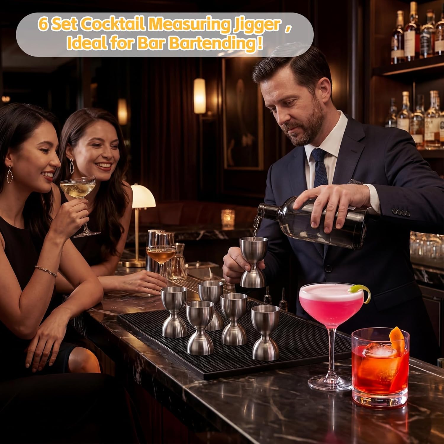 6 Set Bell Jigger Set Double 304 Stainless Steel Cocktail Measuring Jigger 1 oz 2 oz with Internal Markings Heavy Duty Professional Bar for Bartending Home Bar Use