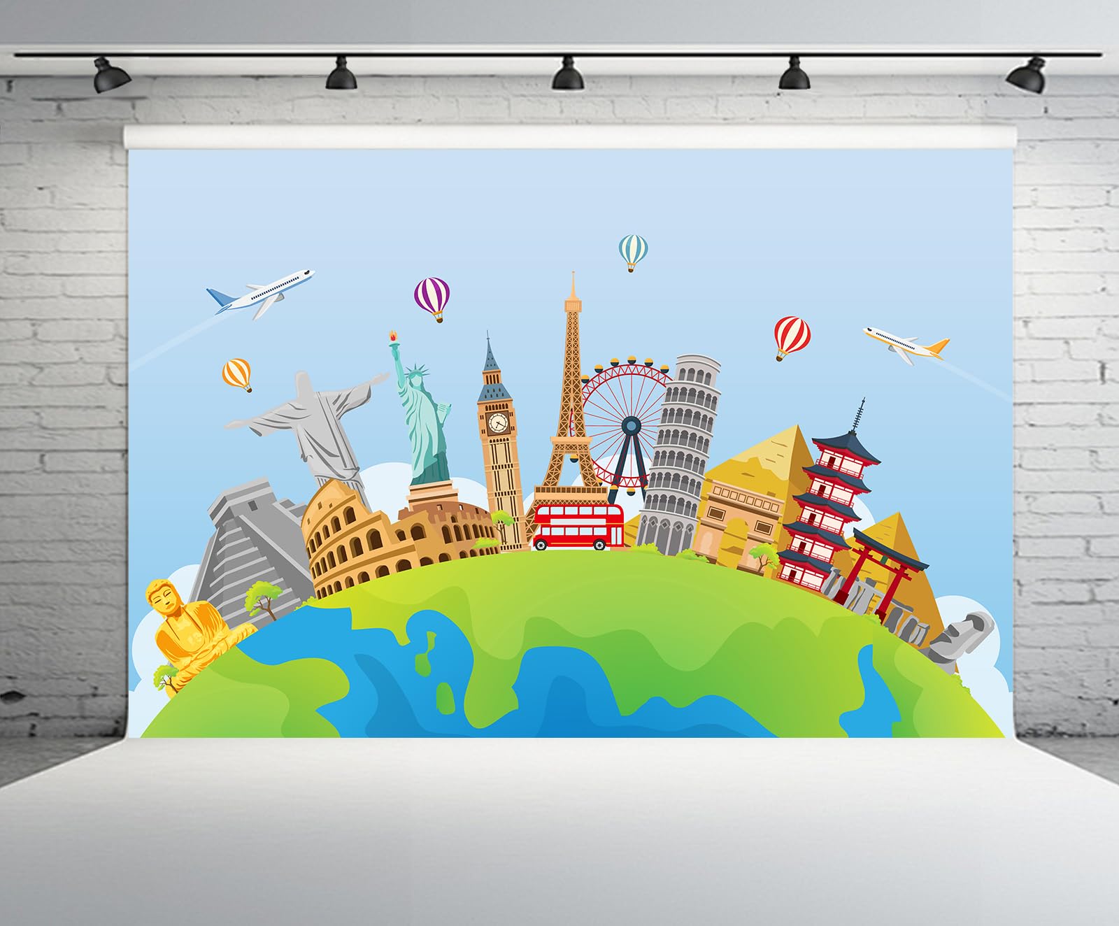 World Map Adventure Backdrop 8x6 Ft - Global Travel Theme Photo Background With Landmarks